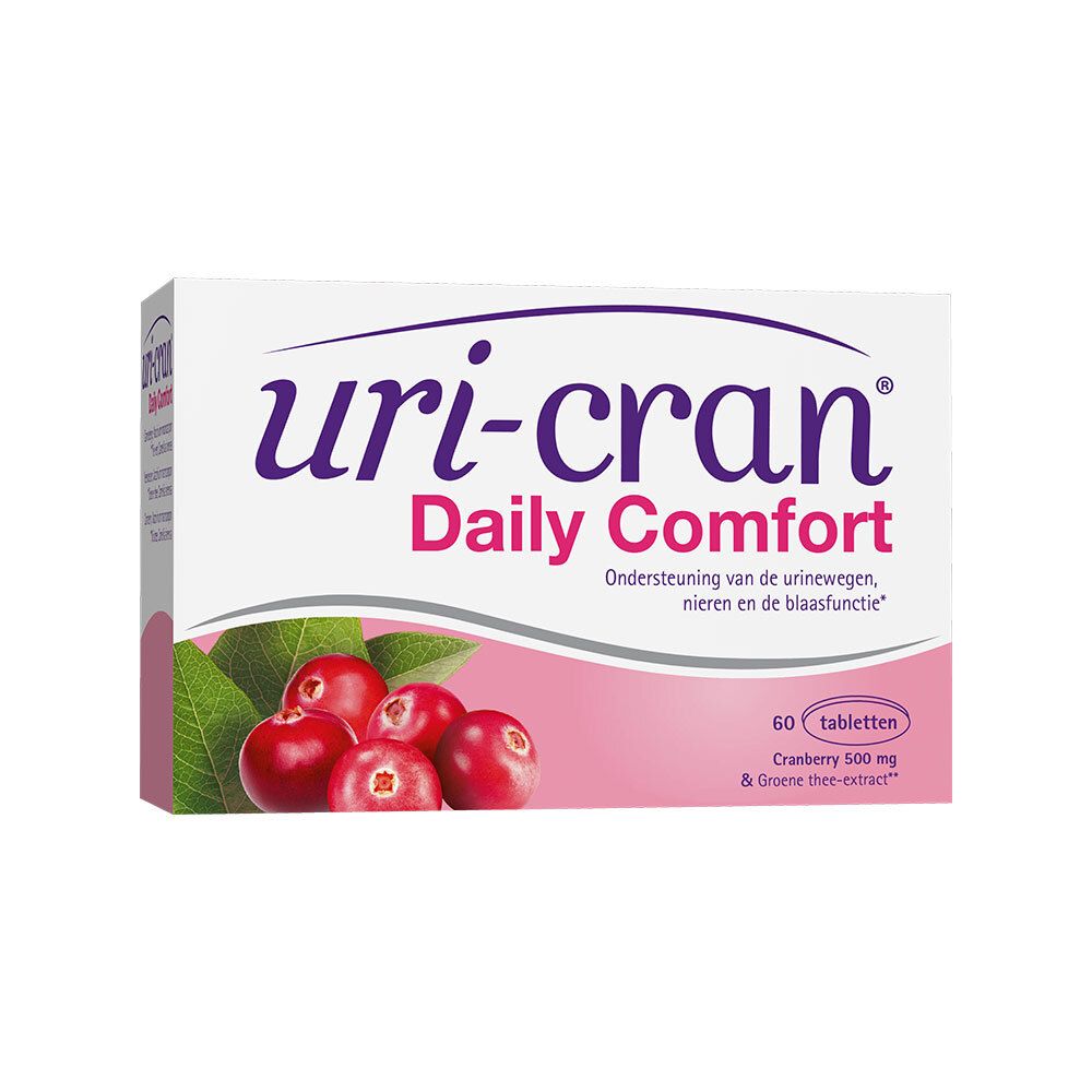 Doos Uri-Cran Daily Comfort. Cranberry 500 mg & Thee-extract. 60 tabletten. Afbeelding van veenbessen en bladeren.