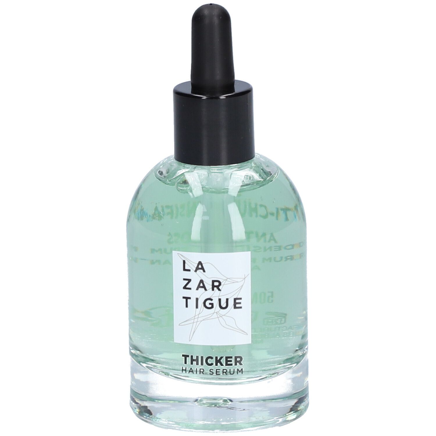 Heldere serum in een glazen fles met zwarte dop en pipet. Op het etiket staat "Thicker Hair Serum".