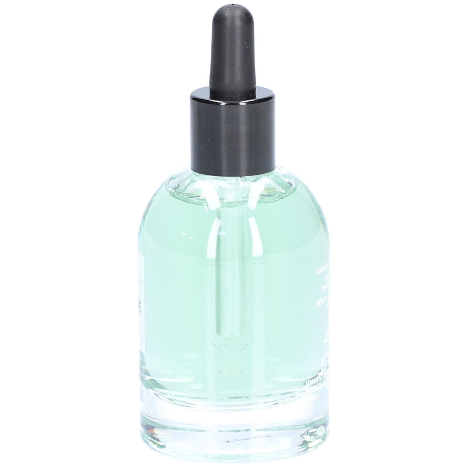 Glazen fles met groenachtig serum, zwarte dop en pipet. Op het etiket staat "Thicker Hair Serum".