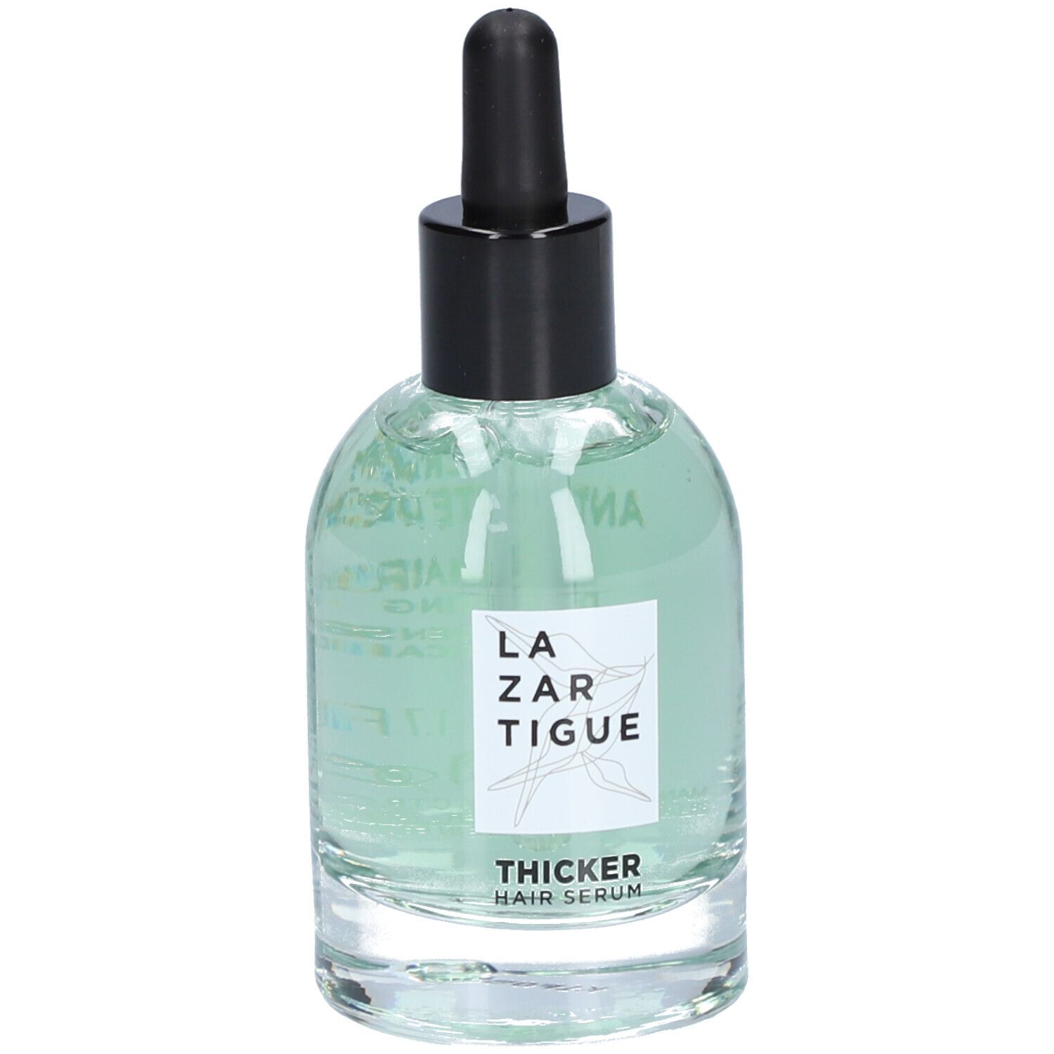 Glazen fles met groenachtig serum, zwarte dop en pipet. Op het etiket staat "Thicker Hair Serum".