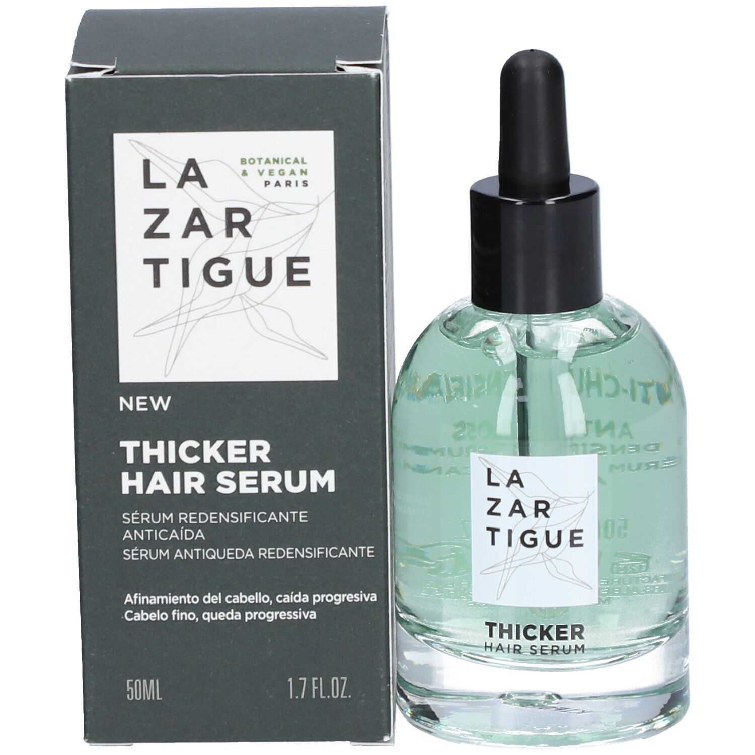 Productfles en verpakking. Fles met groenachtig serum, zwarte dop en pipet. Verpakking met tekst.