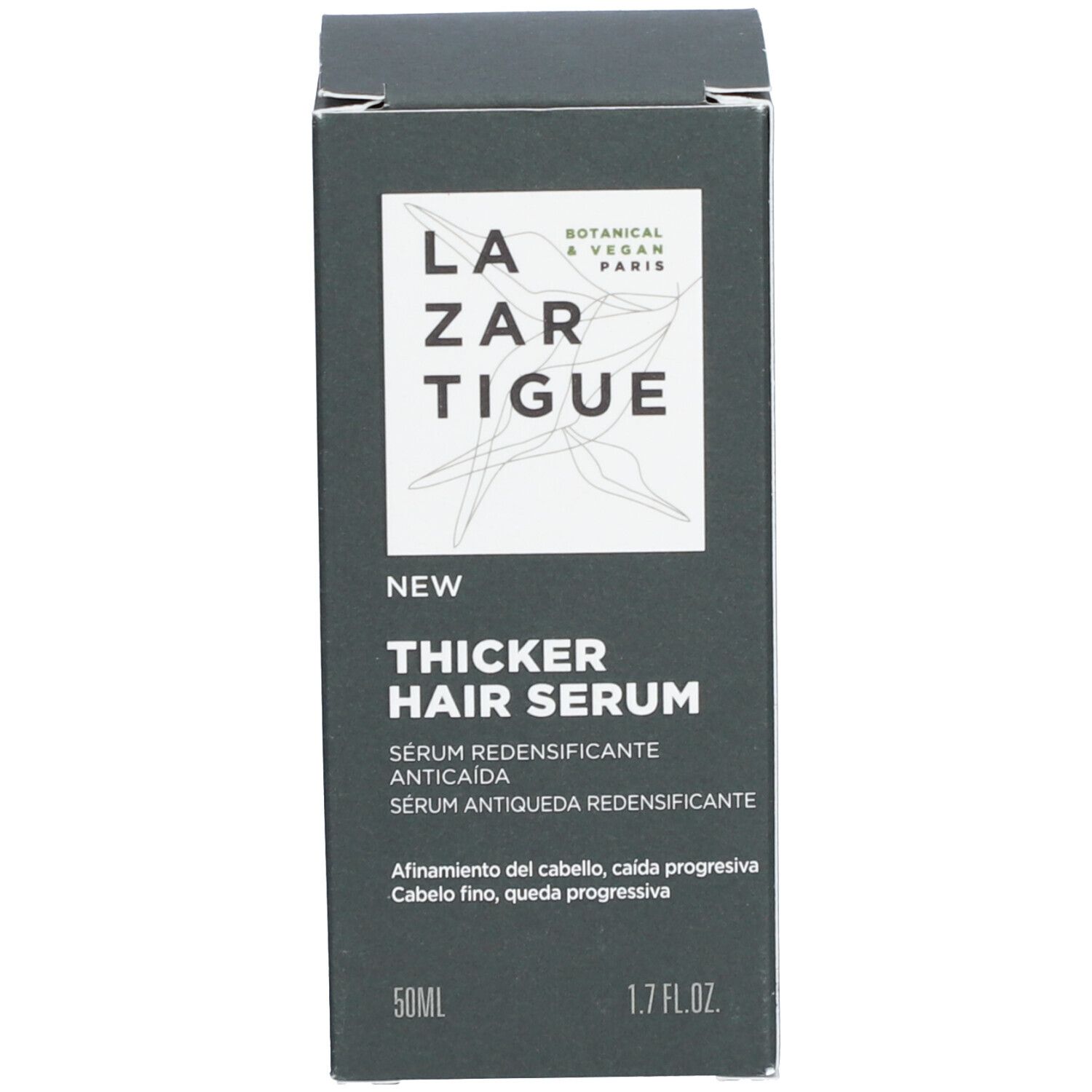 Donkergrijze productverpakking met tekst. Bevat "Thicker Hair Serum".