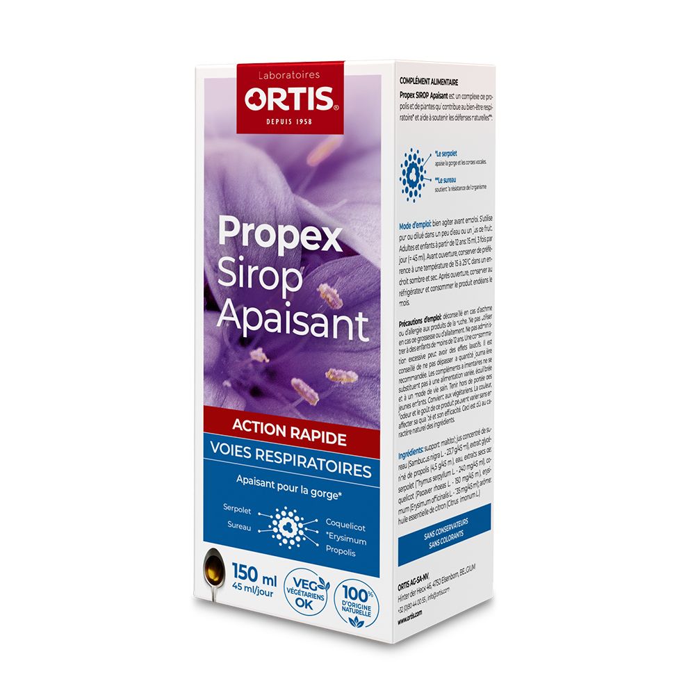 Boîte Ortis®. Propex Sirop apaisant. 150 ml. Action rapide voies respiratoires. Vegan.