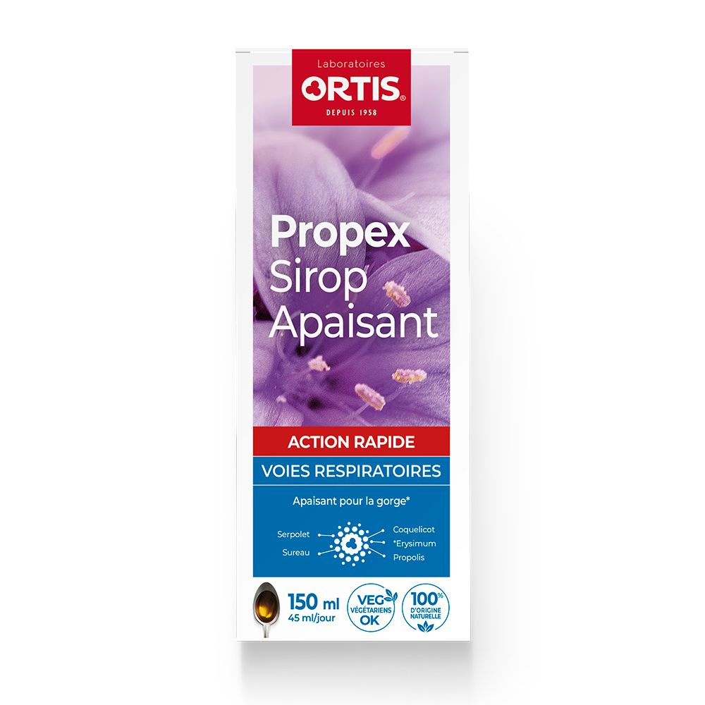 Boîte Ortis®. Propex Sirop apaisant. 150 ml. Action rapide voies respiratoires. Vegan.