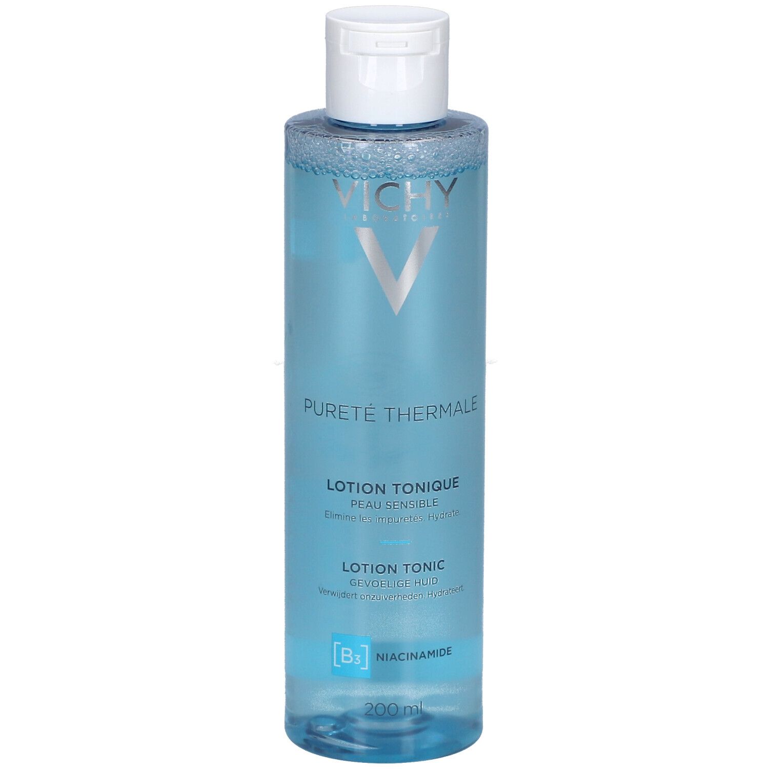 Vichy Pureté Thermale Lotion Tonique Perfectrice. Blauwe fles met witte dop. Productinformatie op de voorkant.