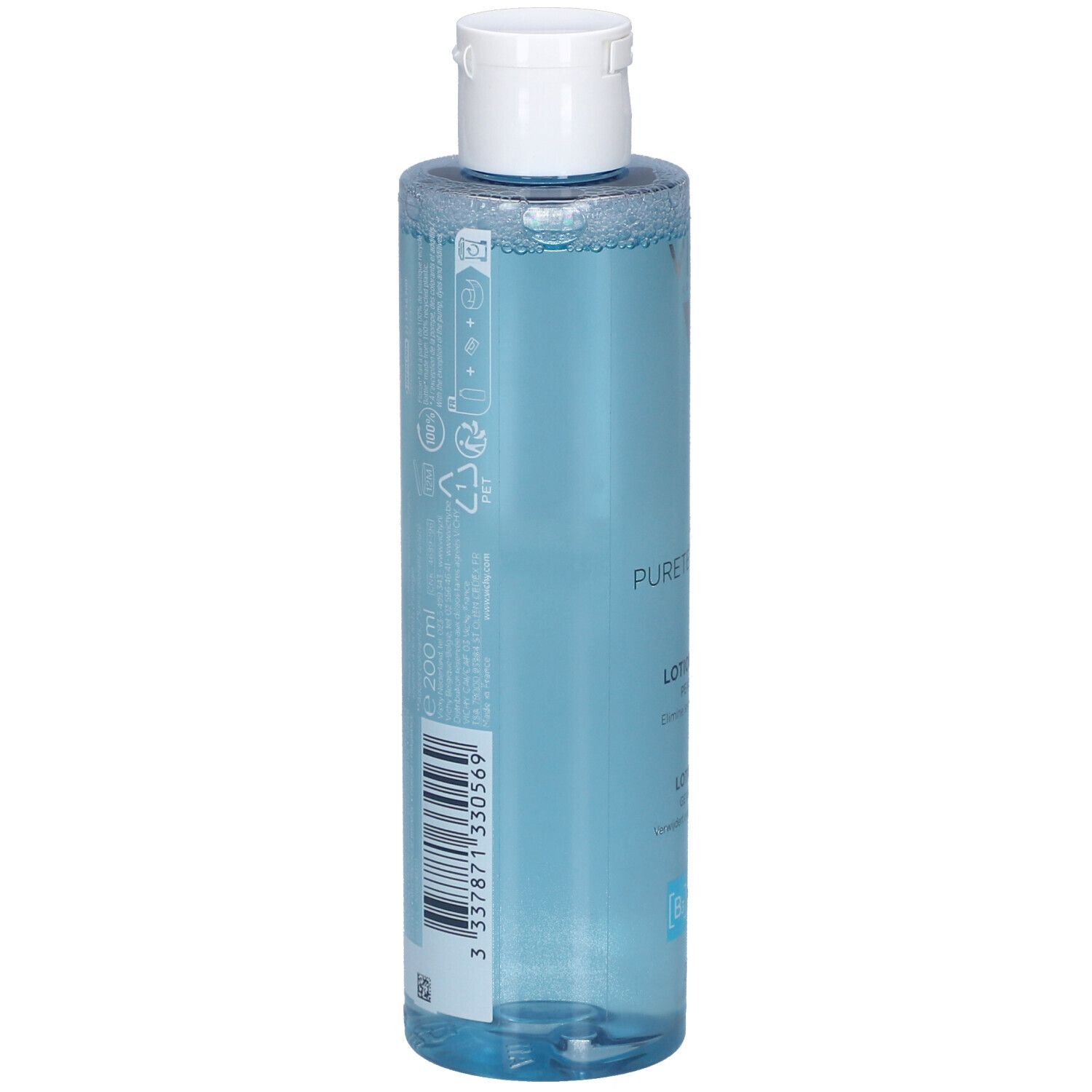 Achterkant van de Vichy Pureté Thermale Lotion Tonique Perfectrice fles. Barcode en productinformatie.
