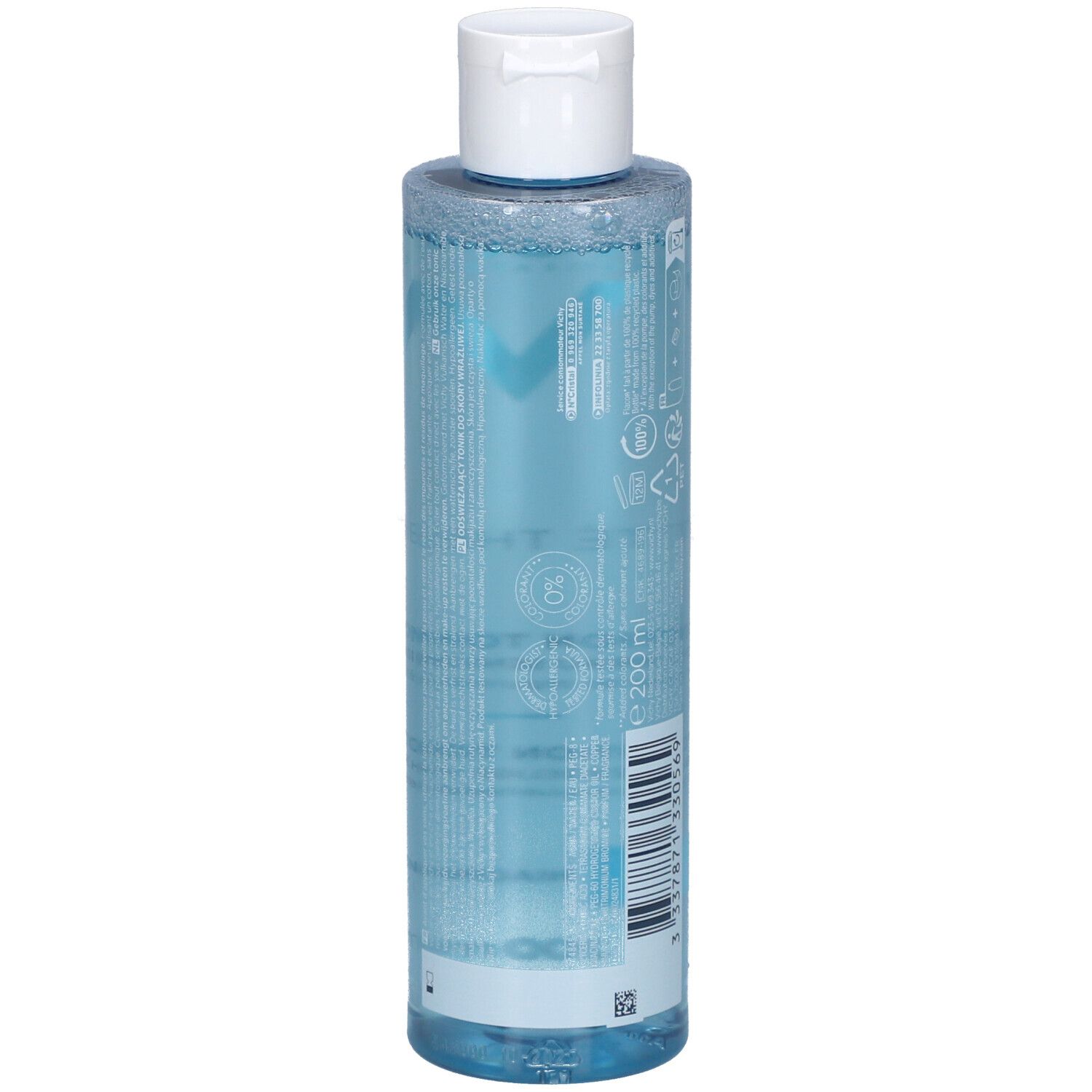 Achterkant van de Vichy Pureté Thermale Lotion Tonique Perfectrice fles. Detail van productinformatie.