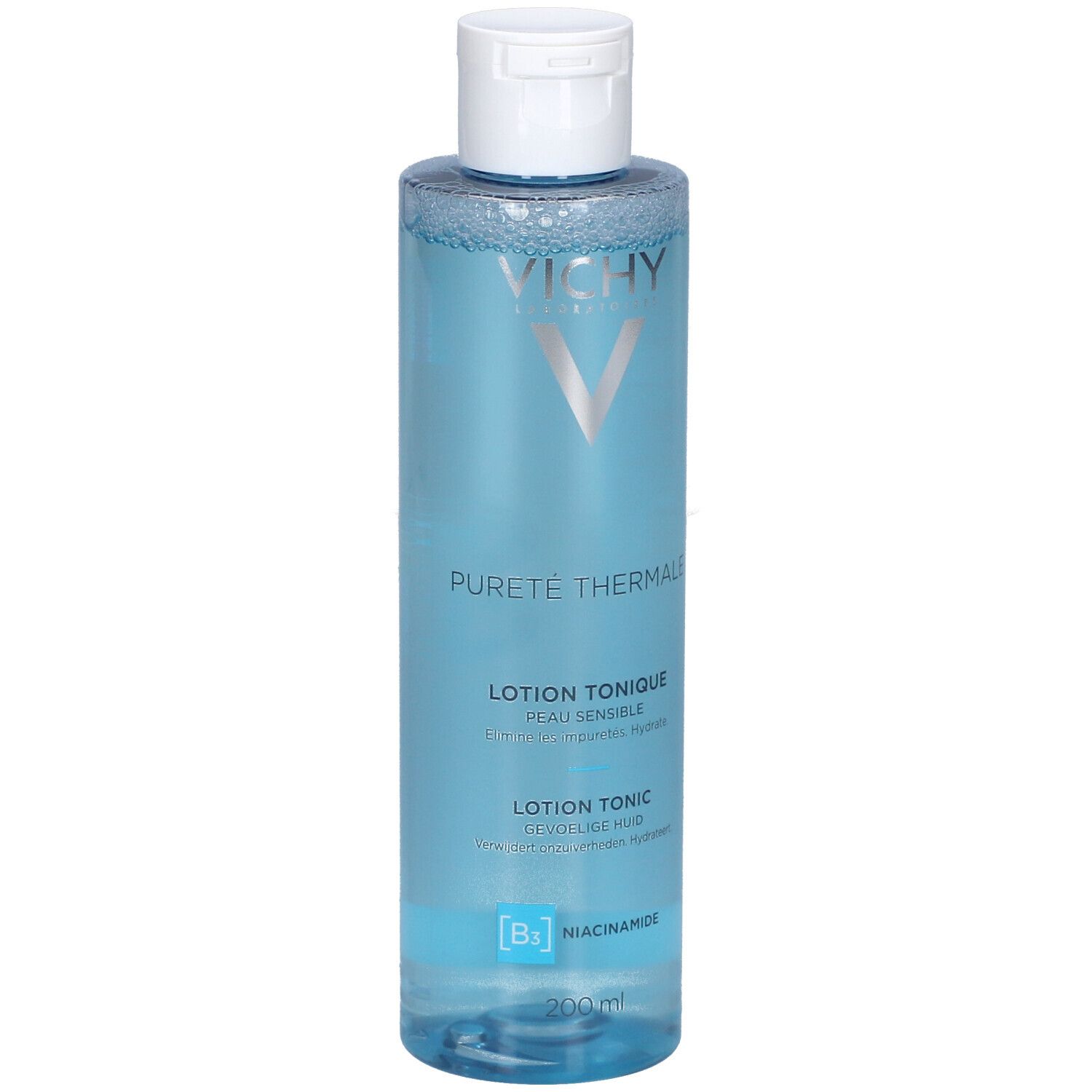 Vichy Pureté Thermale Lotion Tonique Perfectrice. Blauwe fles met witte dop. Productinformatie op de voorkant.