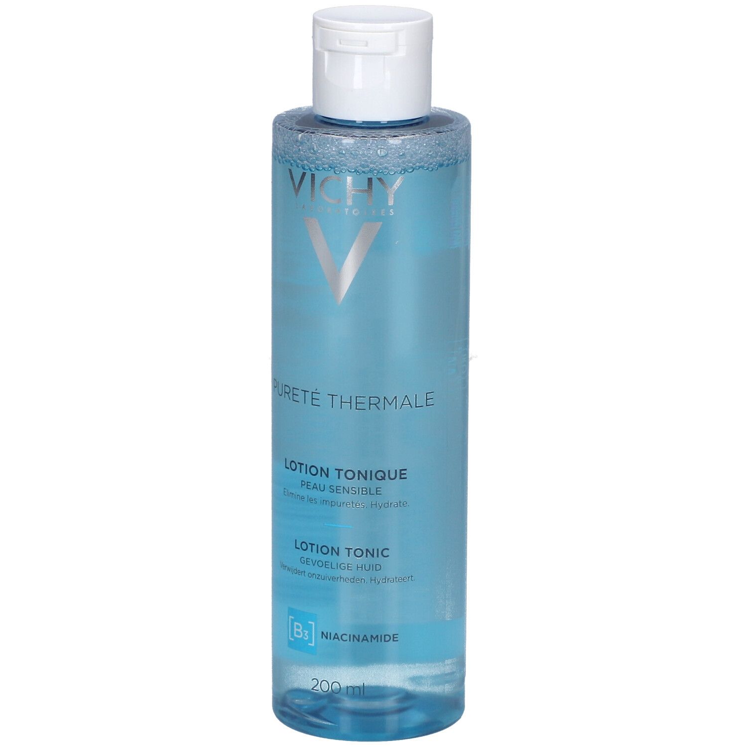 Vichy Pureté Thermale Lotion Tonique Perfectrice. Blauwe fles met witte dop. Productinformatie op de voorkant.