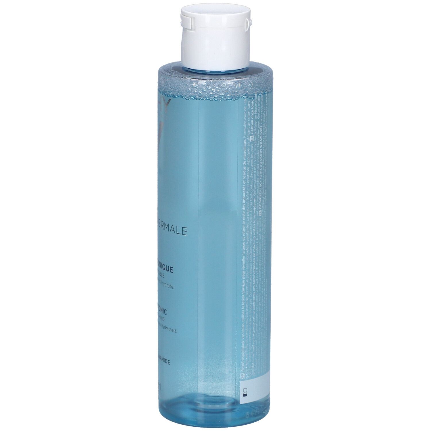 Vichy Pureté Thermale Lotion Tonique Perfectrice. Blauwe fles met witte dop. Productinformatie op de zijkant.
