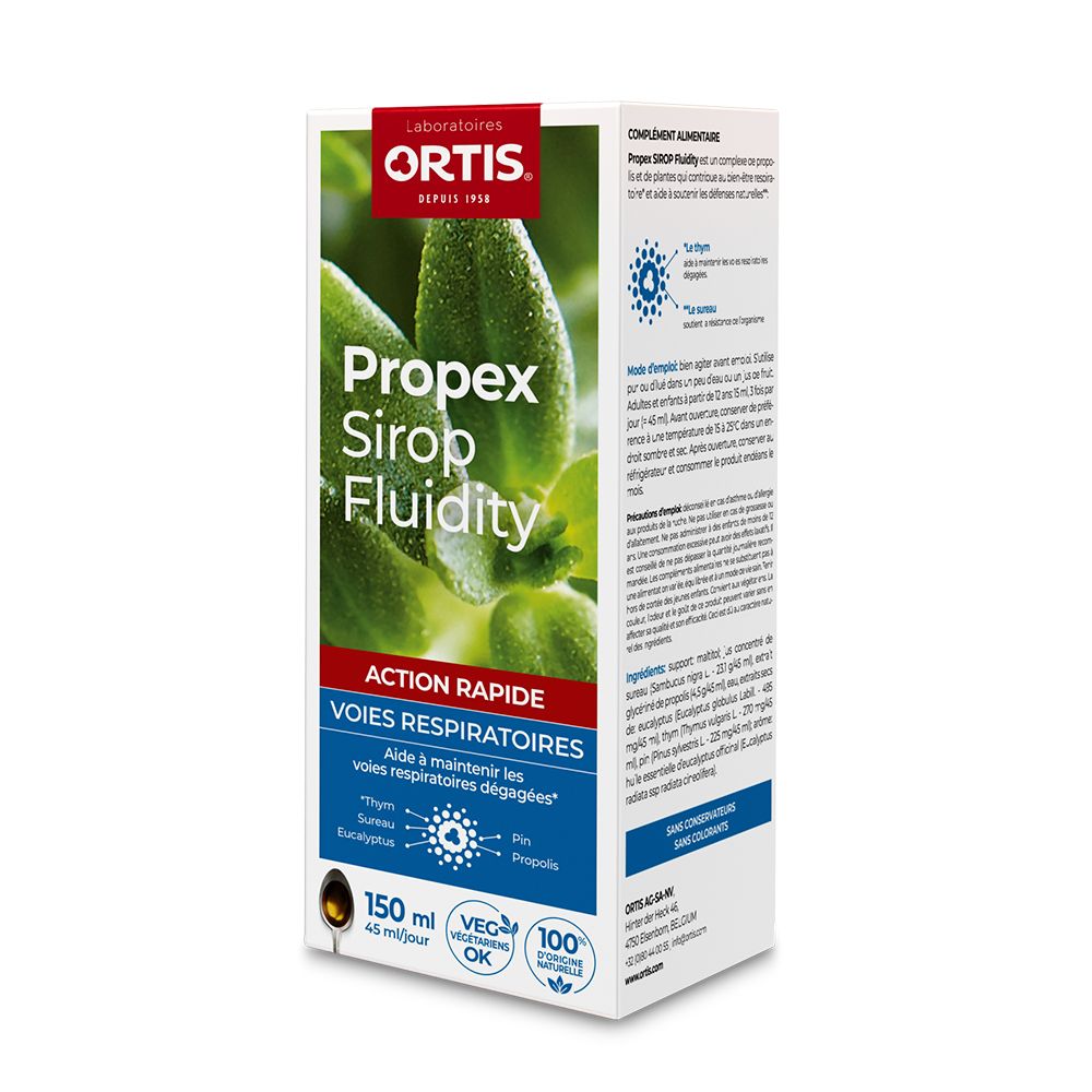 Verpakking van Ortis® Propex Sirop fluidity. Bevat 150 ml. Franse tekst en logo's. Ingrediënten en details.