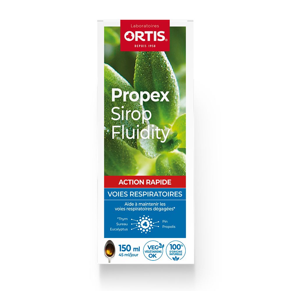 Verpakking van Ortis® Propex Sirop fluidity. Bevat 150 ml. Franse tekst en logo's. Ingrediënten en details.