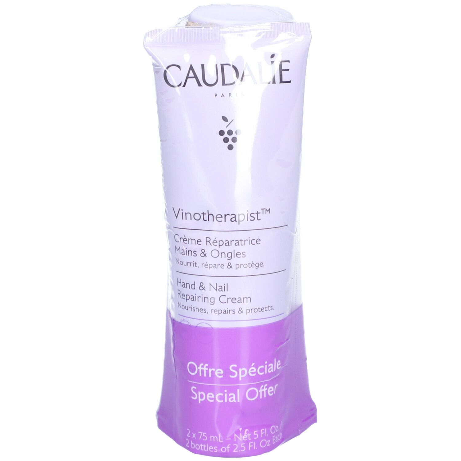 Caudalie Hand- und Nagelcreme-Duo. Zwei Tuben in durchsichtiger Verpackung. Produktname und Logo sichtbar.