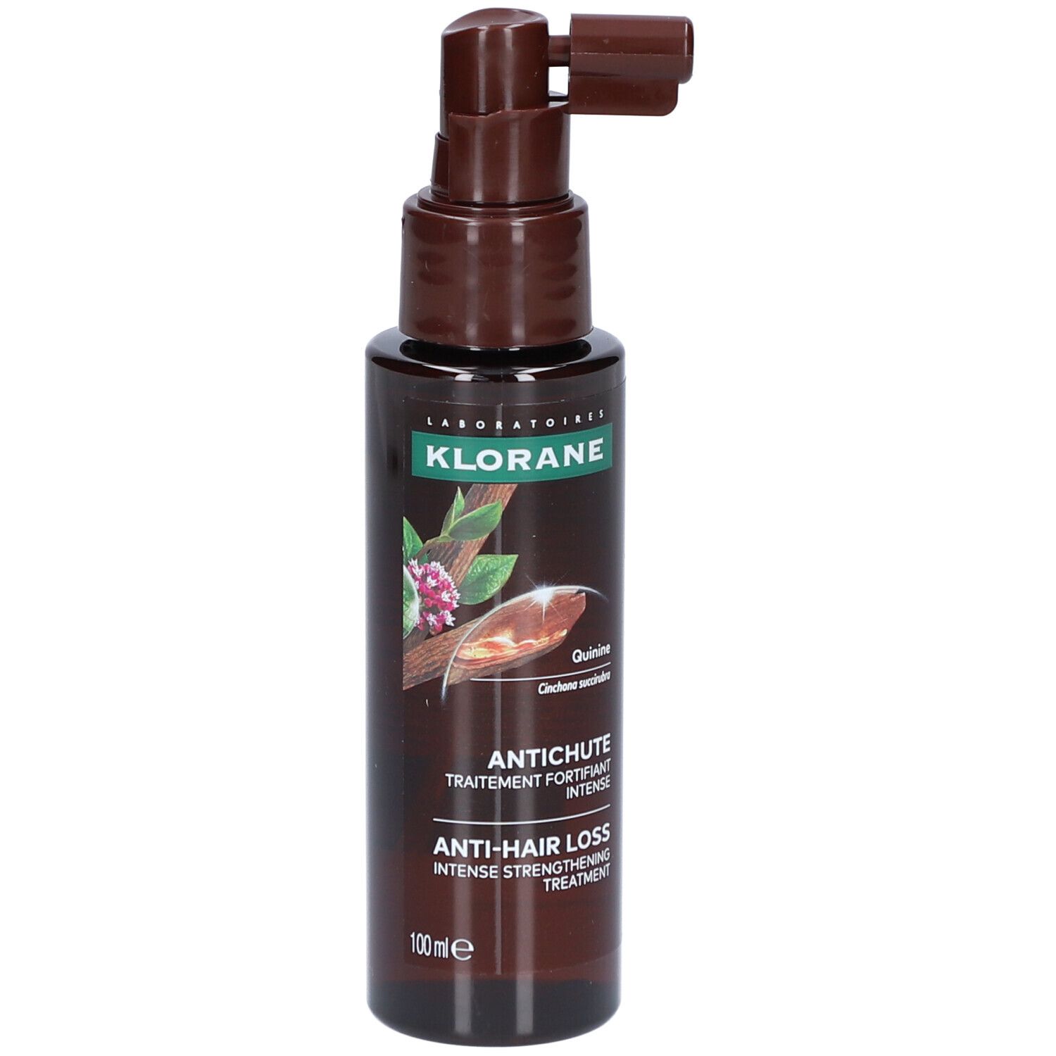 Braune Flasche mit Sprühkopf. Aufschrift: Klorane, Antichute, Anti-Haarausfall.
