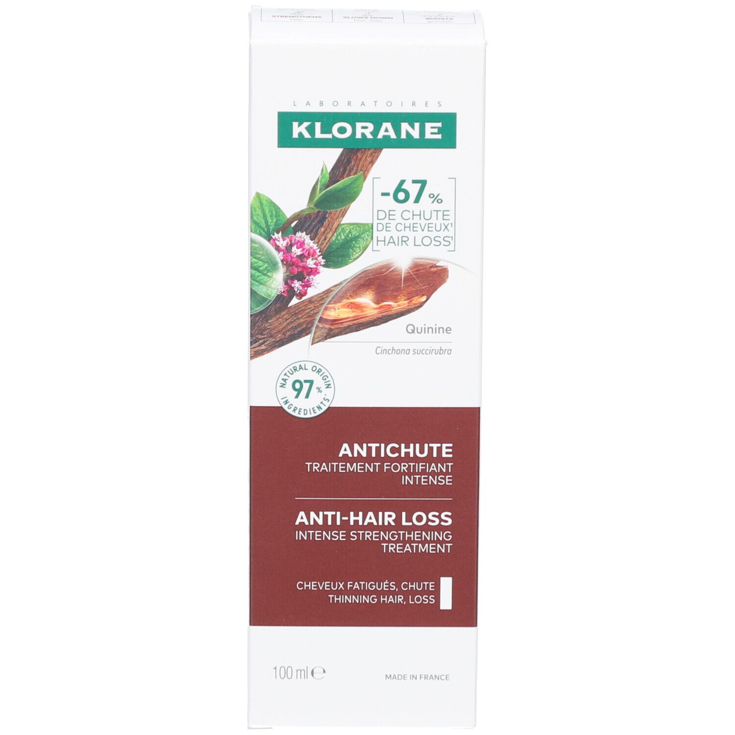 Verpackung mit Flasche. Aufschrift: Klorane, Antichute, Anti-Haarausfall.