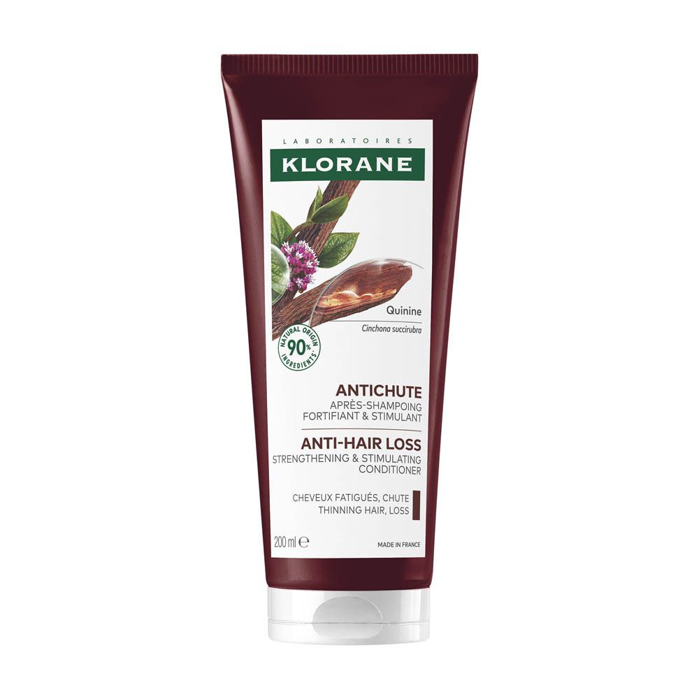Après-shampoing Klorane. Tube marron, étiquette blanche. ANTICHUTE, Anti-chute. 200 ml.