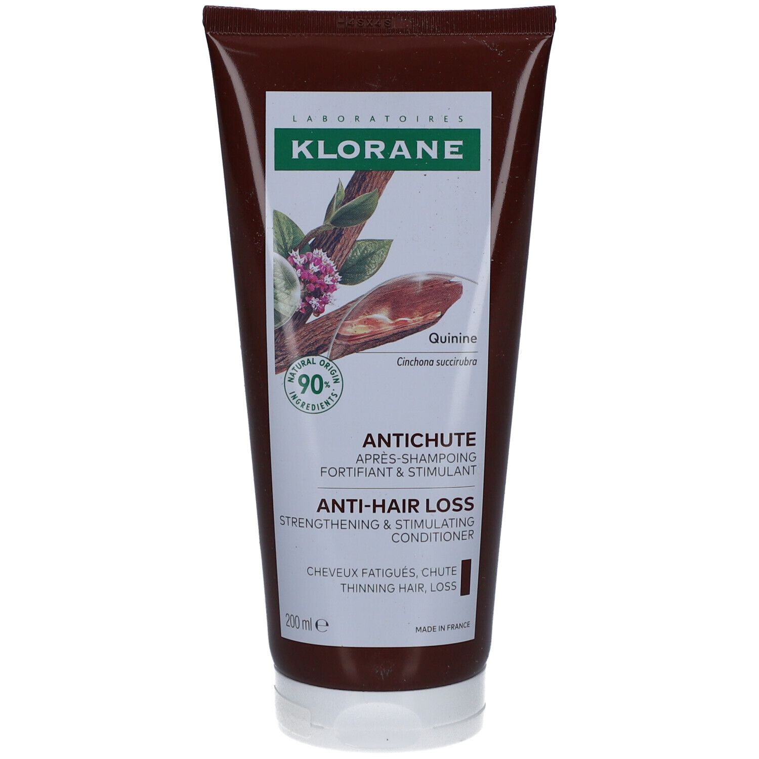 Après-shampoing Klorane. Tube marron, étiquette blanche. ANTICHUTE, Anti-chute. 200 ml.