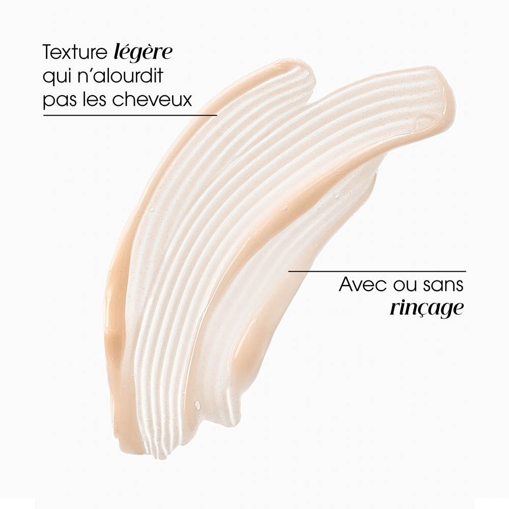 Texture de l'après-shampoing Klorane. Bandes blanches sur fond blanc. Texte: Texture légère.