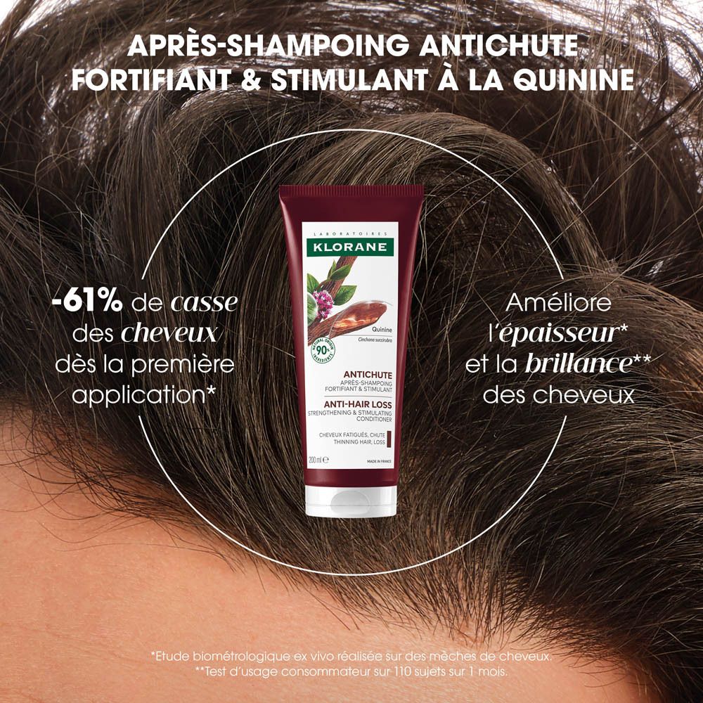 Après-shampoing Klorane. Tube marron, texte: -61% de casse des cheveux. Femme aux cheveux bruns.