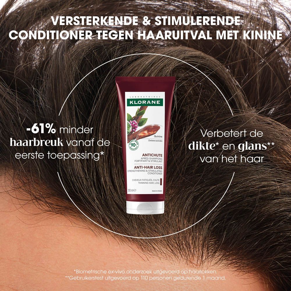 Klorane conditioner. Bruine tube, tekst: -61% minder haarbreuk. Vrouw met bruin haar.