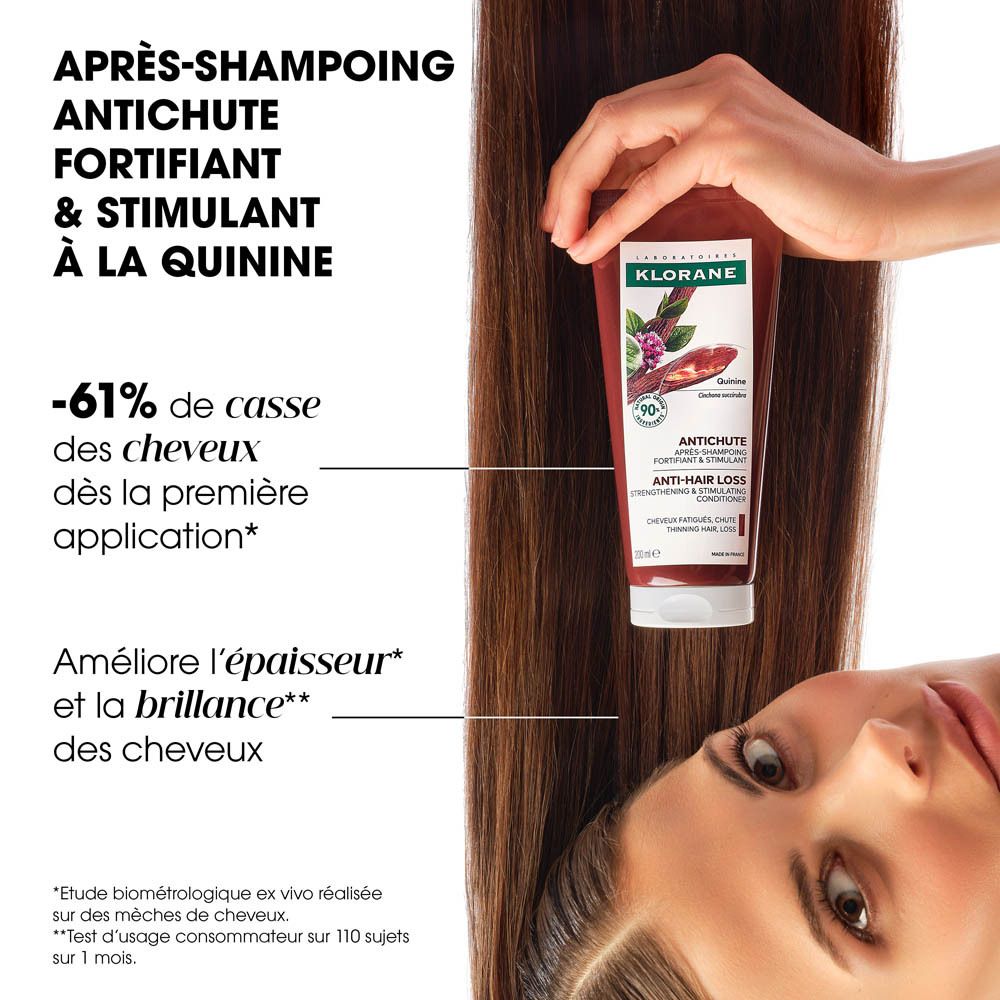 Après-shampoing Klorane. Tube marron, texte: -61% de casse des cheveux. Femme aux cheveux bruns.