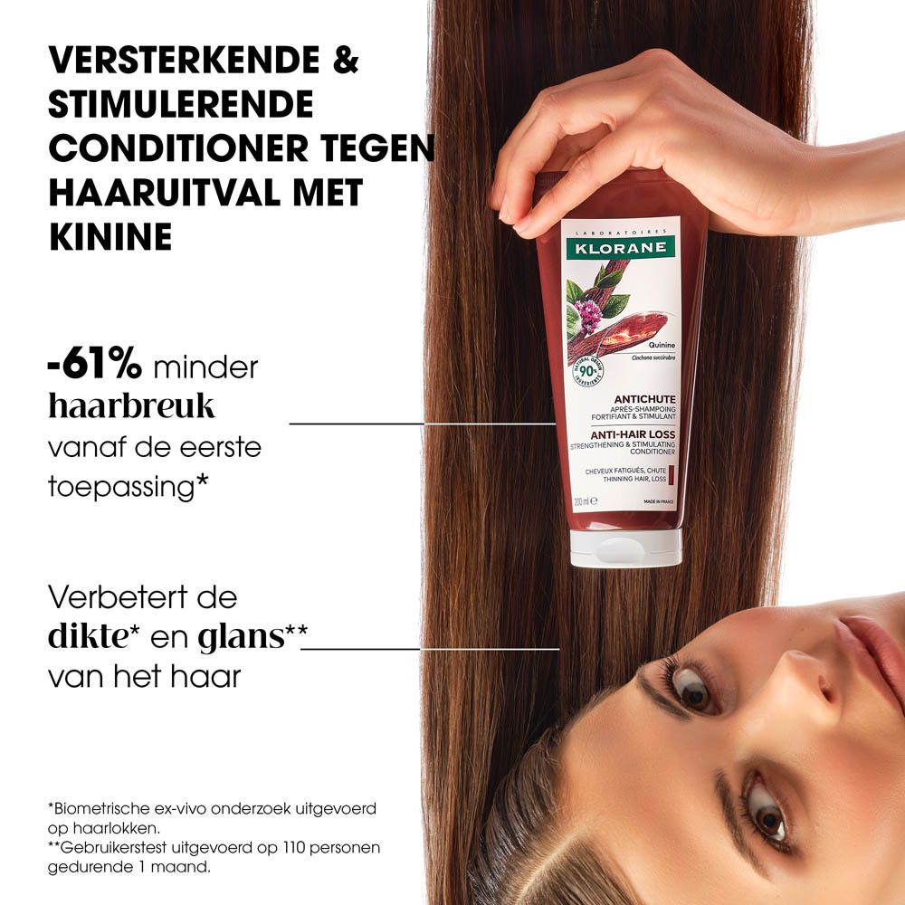 Klorane conditioner. Bruine tube, tekst: -61% minder haarbreuk. Vrouw met bruin haar.