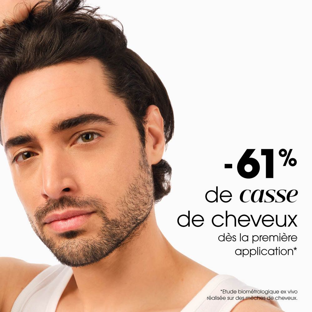 Homme barbu. Texte: -61% de casse des cheveux.