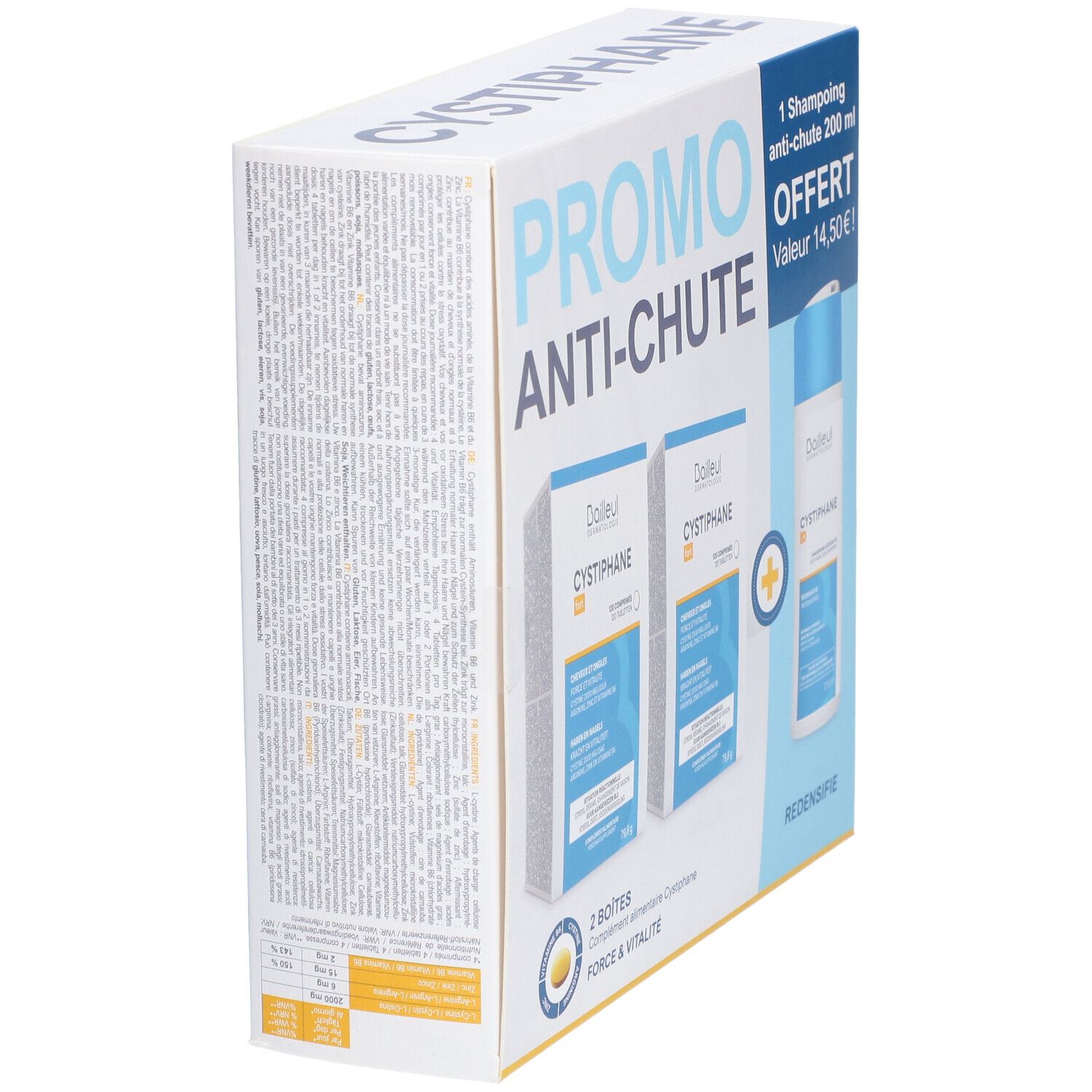 Schuin geplaatste verpakking met Cystiphane. Tekst: PROMO ANTI-CHUTE. Bevat 2 dozen en shampoo.