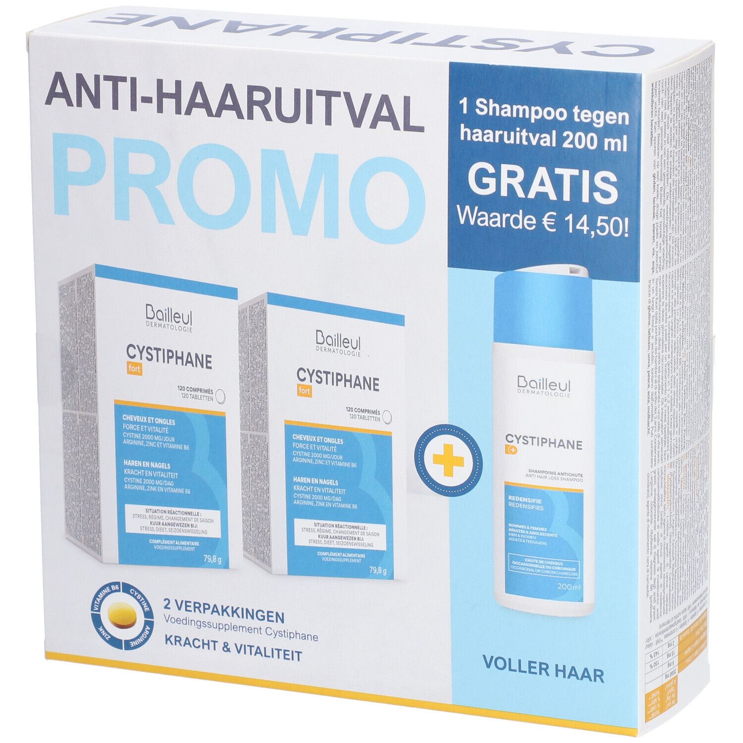 Verpakking met Cystiphane. Bevat 2 dozen en een fles shampoo. Tekst: ANTI-HAARUITVAL PROMO.