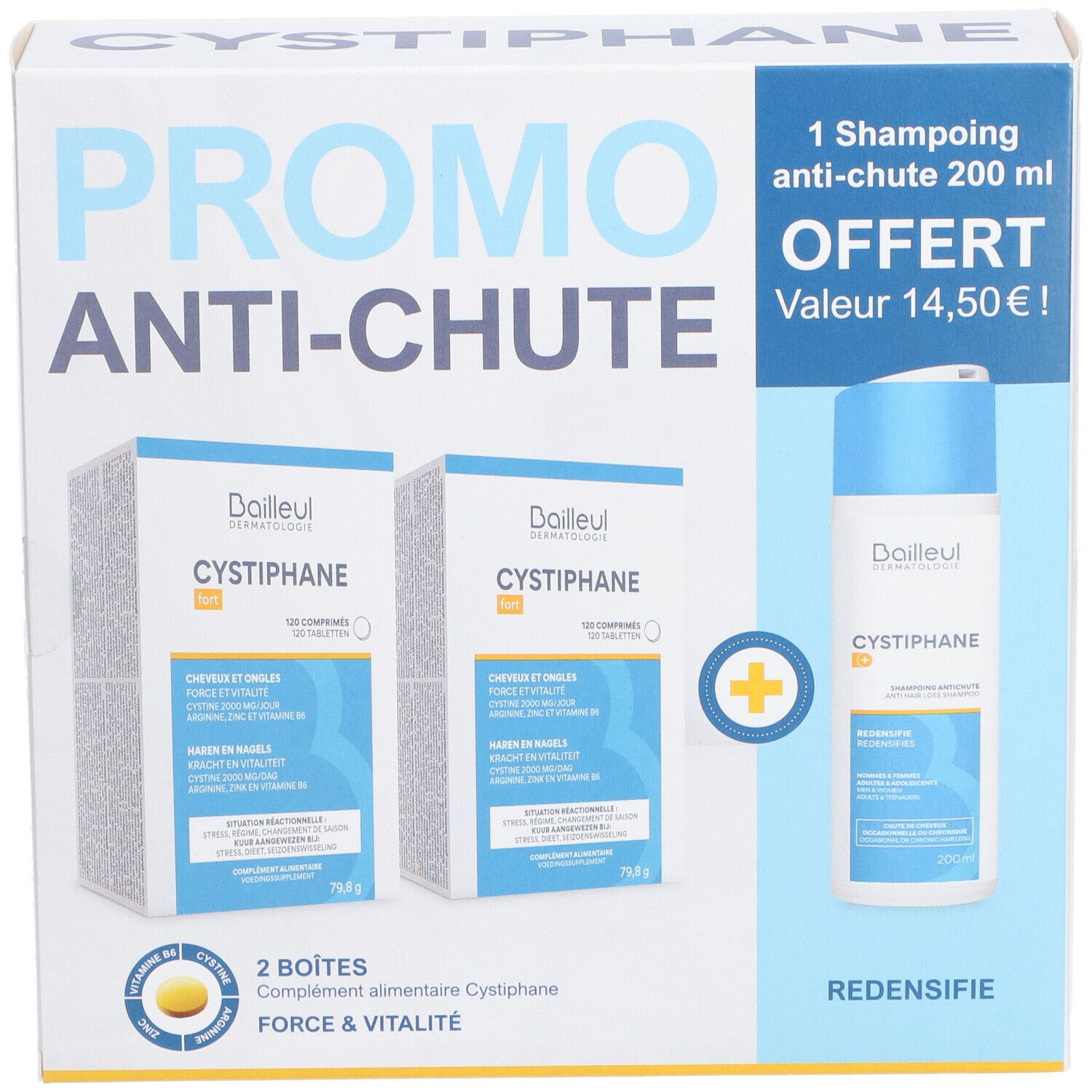 Verpakking met Cystiphane. Bevat 2 dozen en een fles shampoo. Tekst: PROMO ANTI-CHUTE.