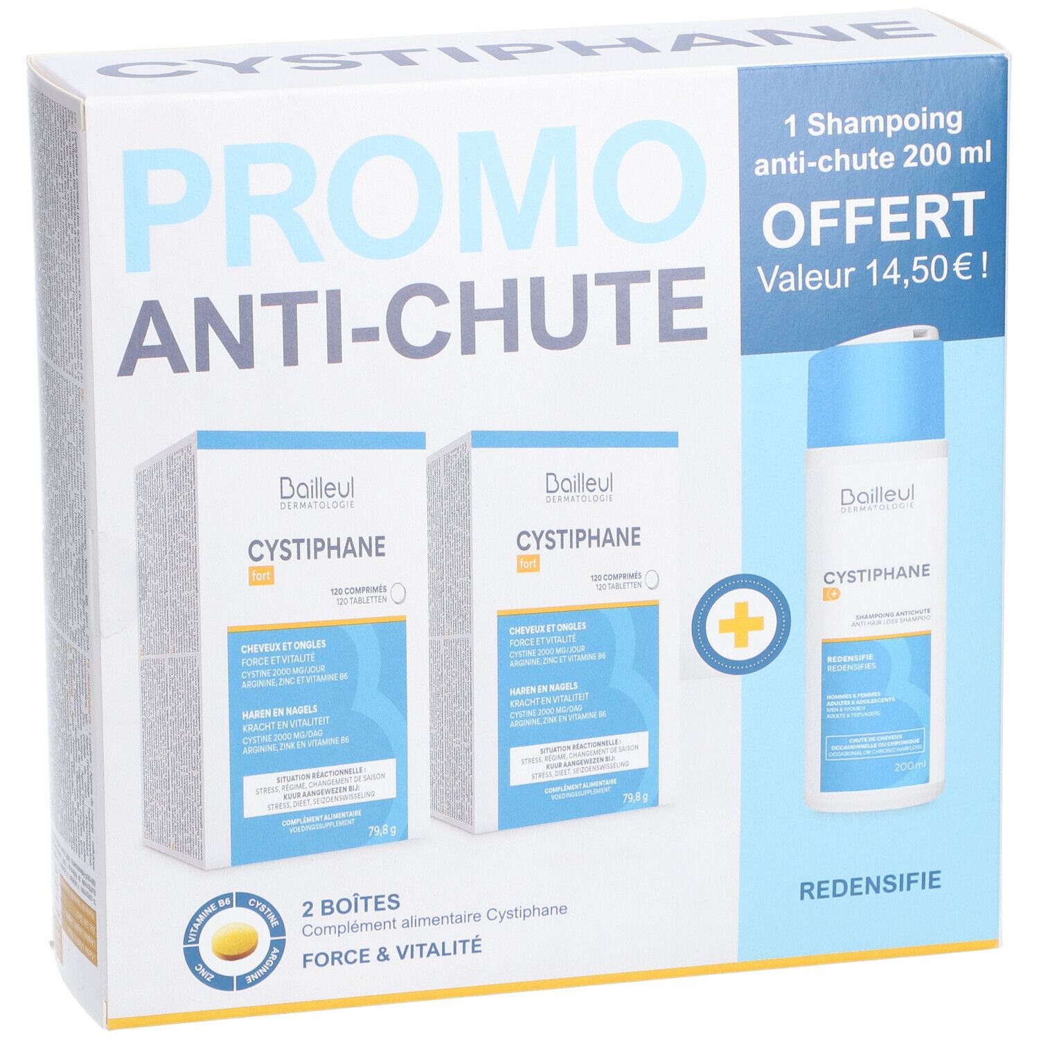 Verpakking met Cystiphane. Bevat 2 dozen en een fles shampoo. Tekst: PROMO ANTI-CHUTE.