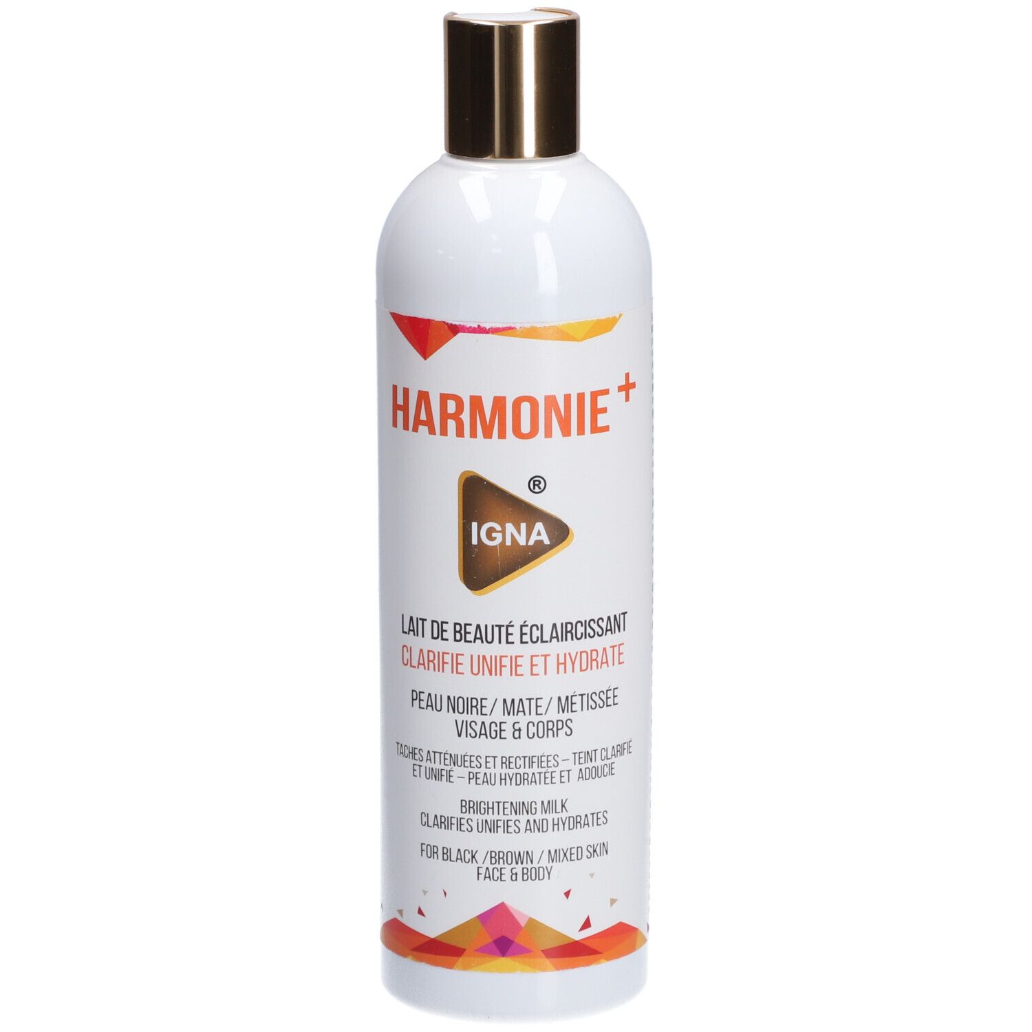 Bouteille blanche avec bouchon doré. Inscription: HARMONIE+, IGNA, Lait éclaircissant visage et corps.