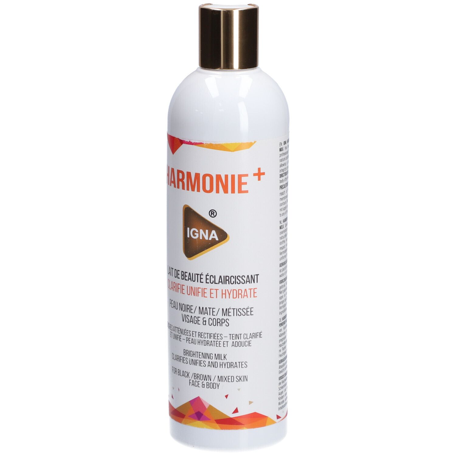 Bouteille blanche avec bouchon doré. Inscription: HARMONIE+, IGNA, Lait éclaircissant visage et corps.