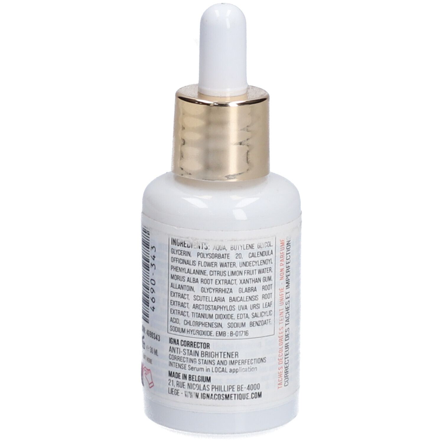 Weiße Flasche mit goldfarbenem Verschluss und Pipette. Aufschrift: Inhaltsstoffe, IGNA CORRECTOR, Anti-Flecken-Aufheller. Text auf der Rückseite.