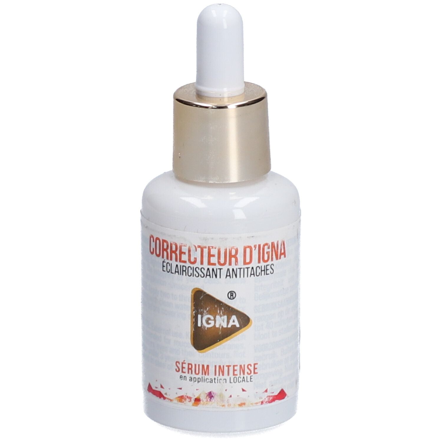 Weiße Flasche mit goldfarbenem Verschluss und Pipette. Aufschrift: CORRECTEUR D'IGNA, ECLAIRCISSANT ANTITACHES, IGNA, SÉRUM INTENSE.
