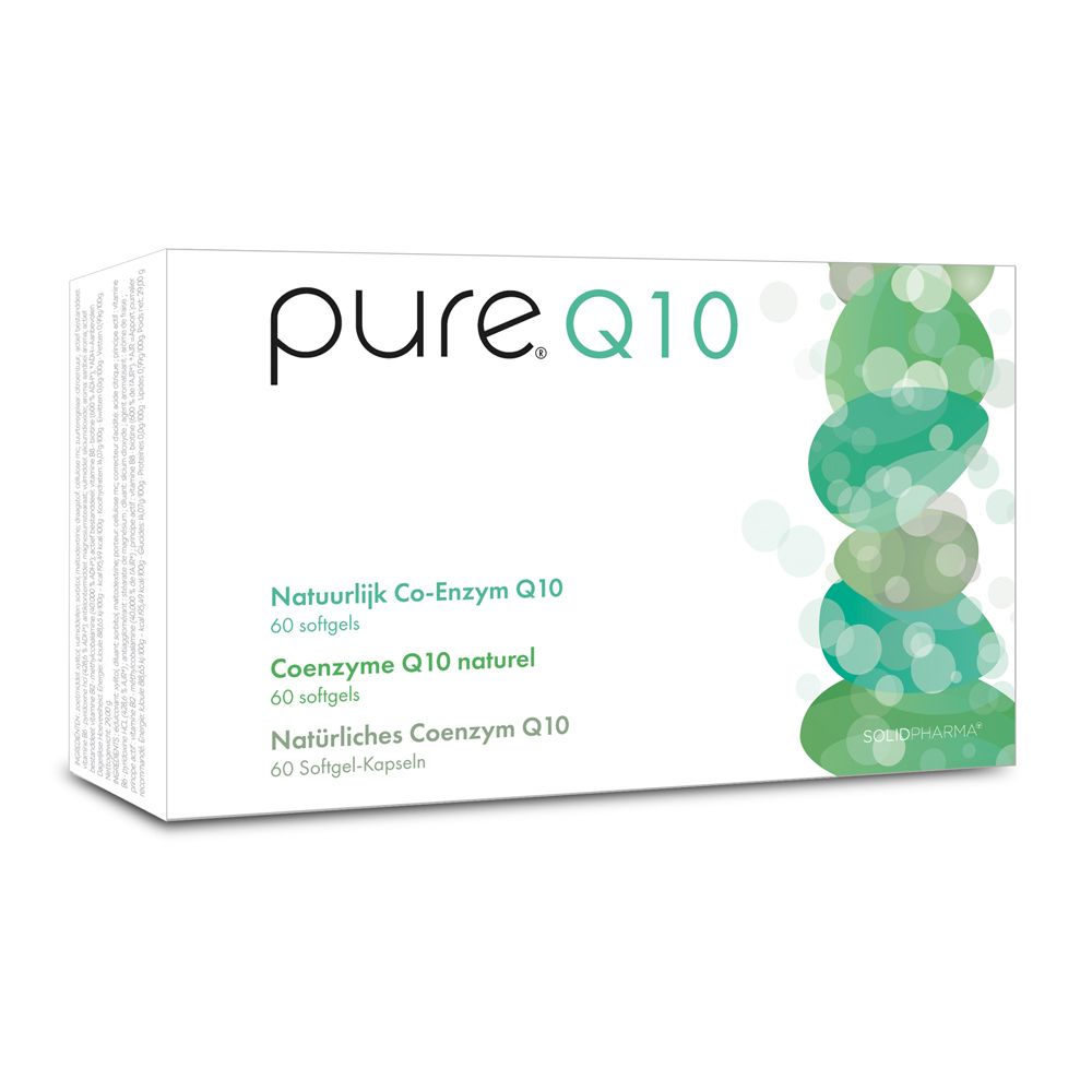 Weiße Schachtel mit pure.Q10-Logo und Produktinformationen. 60 Softgel-Kapseln.