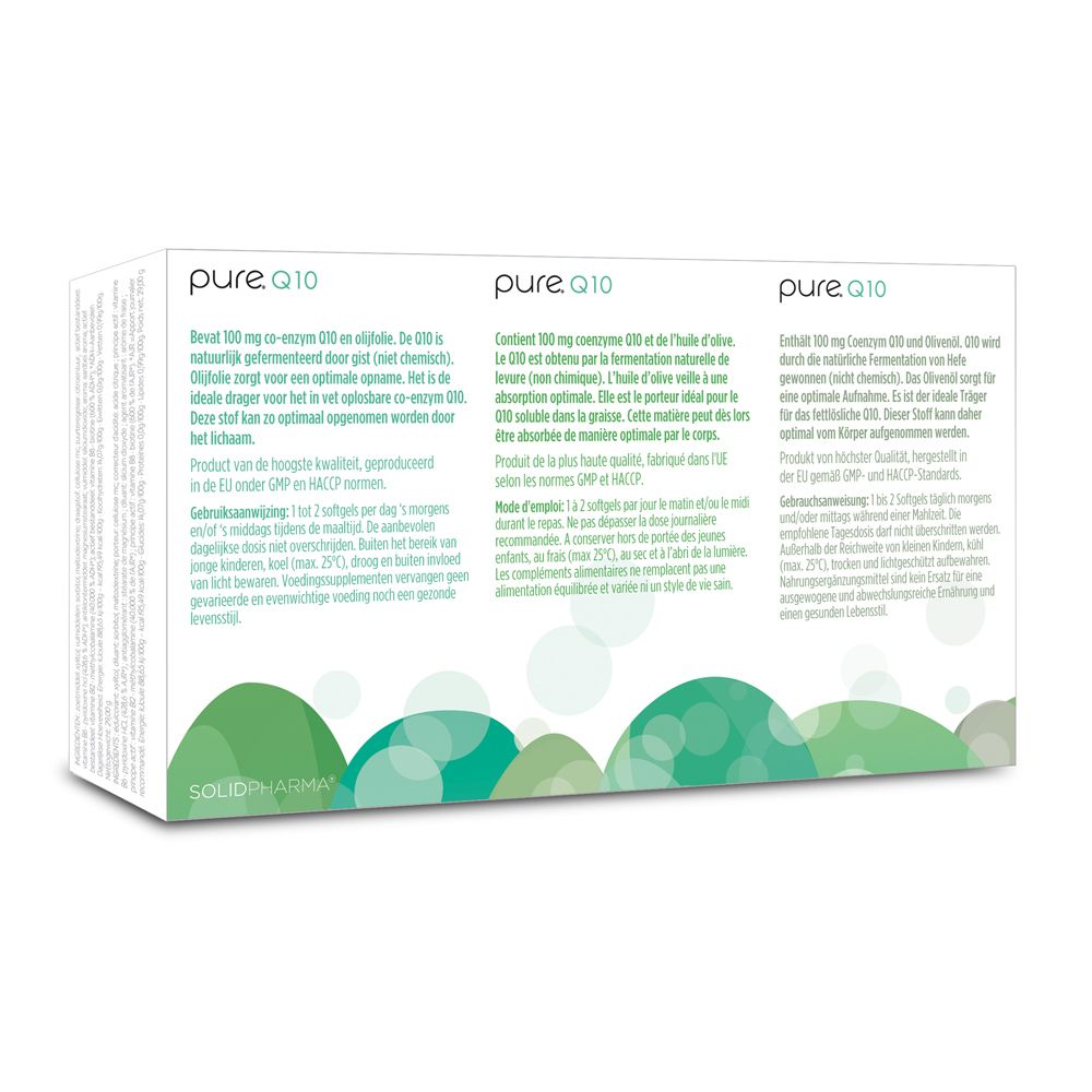 Rückseite der pure.Q10-Verpackung mit Produktinformationen in drei Sprachen.