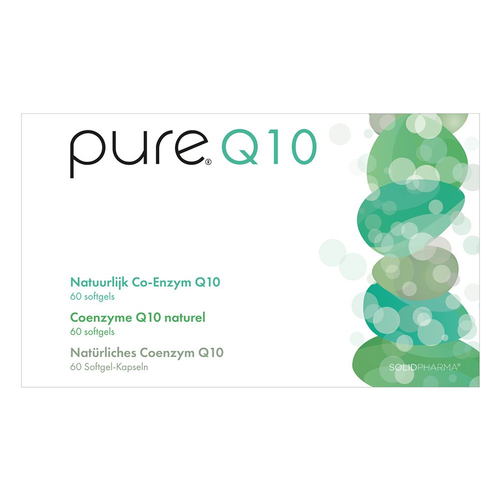 Weiße Schachtel mit pure.Q10-Logo und Produktinformationen. 60 Softgel-Kapseln.