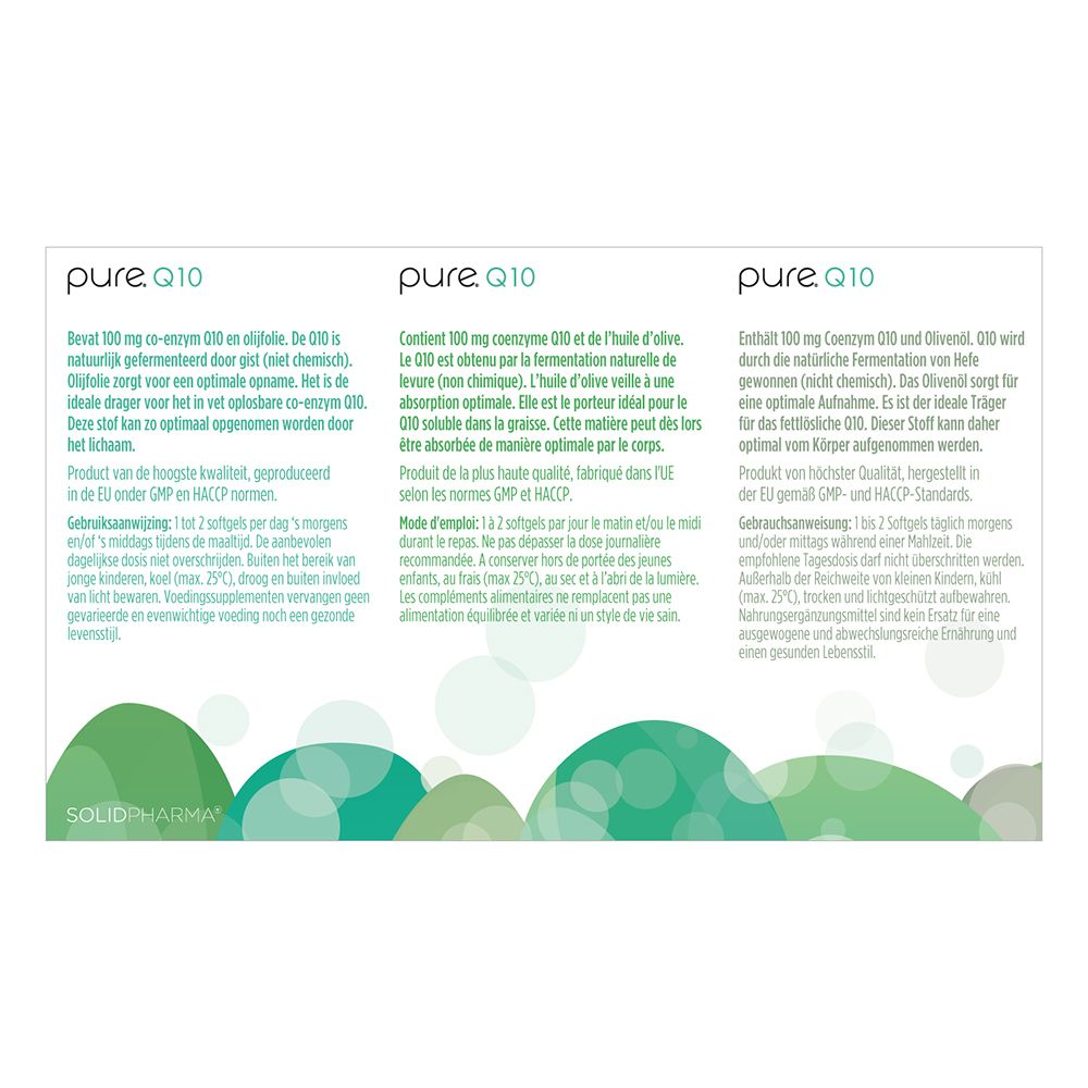 Rückseite der pure.Q10-Verpackung mit Produktinformationen in drei Sprachen.