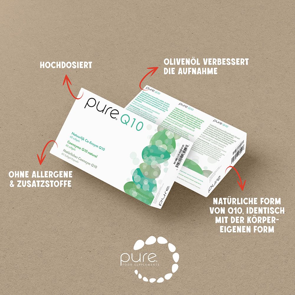 Weiße Schachtel mit pure.Q10-Logo und Produktinformationen. 60 Softgel-Kapseln.