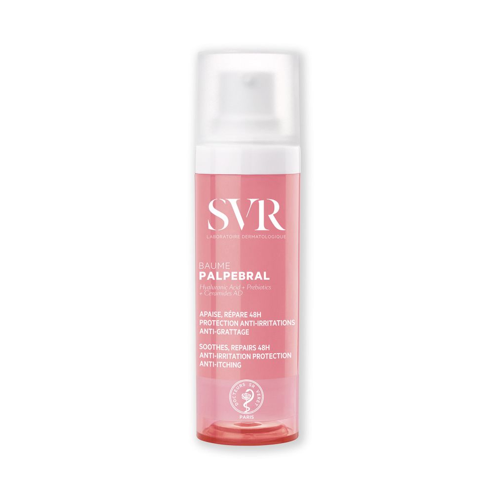 SVR Baume Palpébral fles. Roze en wit. Tekst: Verzacht, herstelt, beschermt. Met hyaluronzuur.