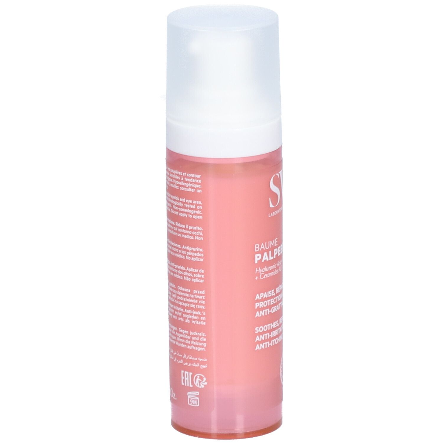 Achterkant SVR Baume Palpébral fles. Roze. Tekst: Ingrediënten, gebruiksaanwijzing, waarschuwingen. 30ml.