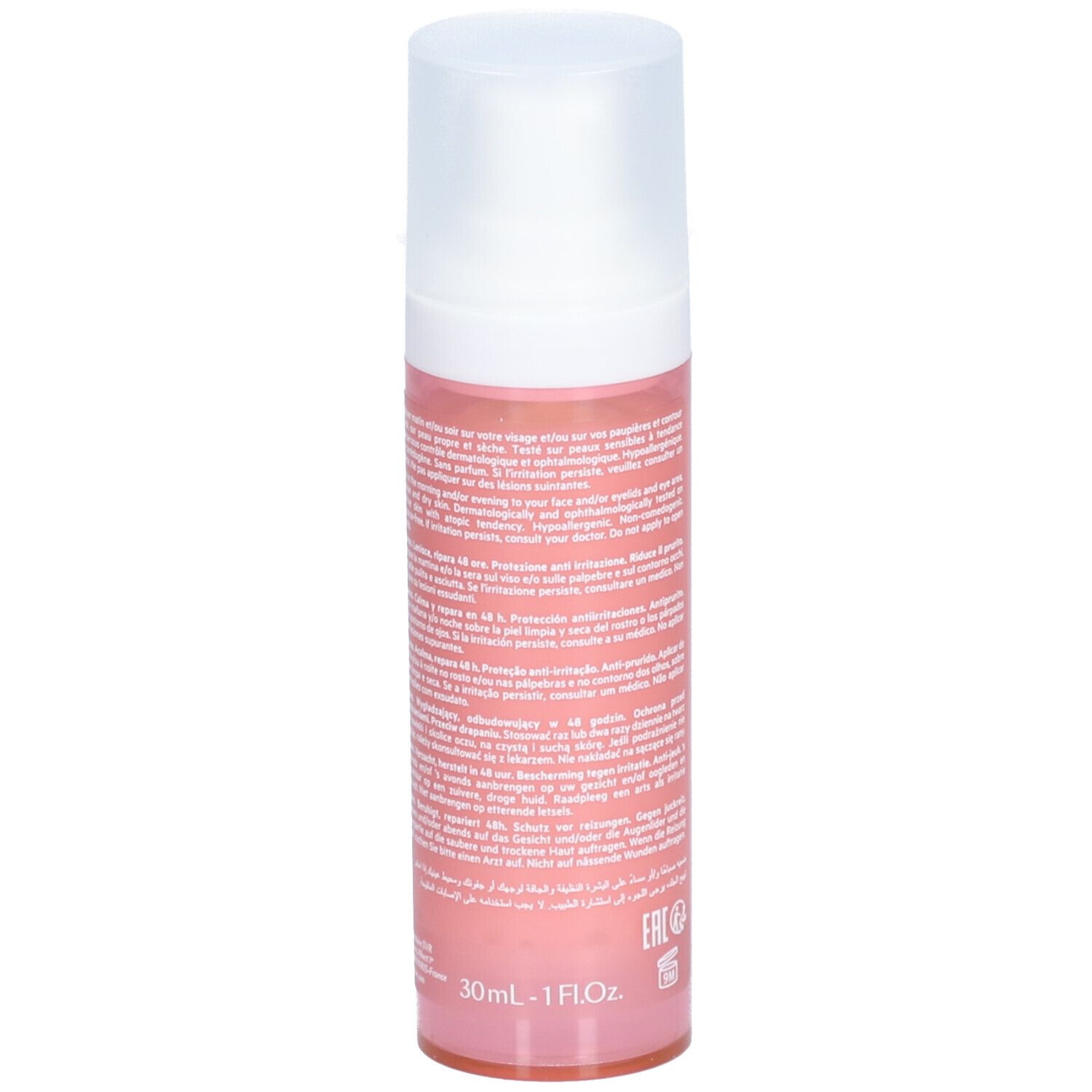 Achterkant SVR Baume Palpébral fles. Roze. Tekst: Ingrediënten, gebruiksaanwijzing, waarschuwingen. 30ml.