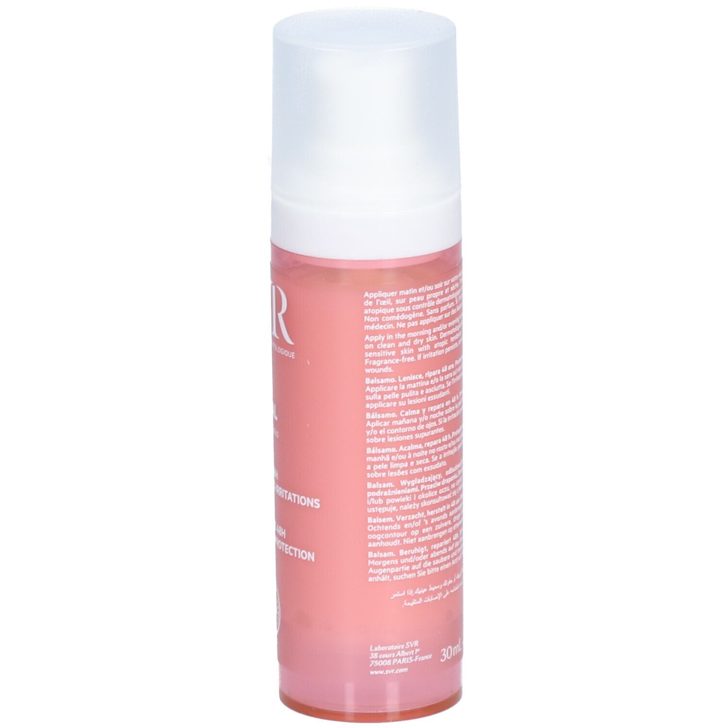 Achterkant SVR Baume Palpébral fles. Roze. Tekst: Ingrediënten, gebruiksaanwijzing, waarschuwingen. 30ml.