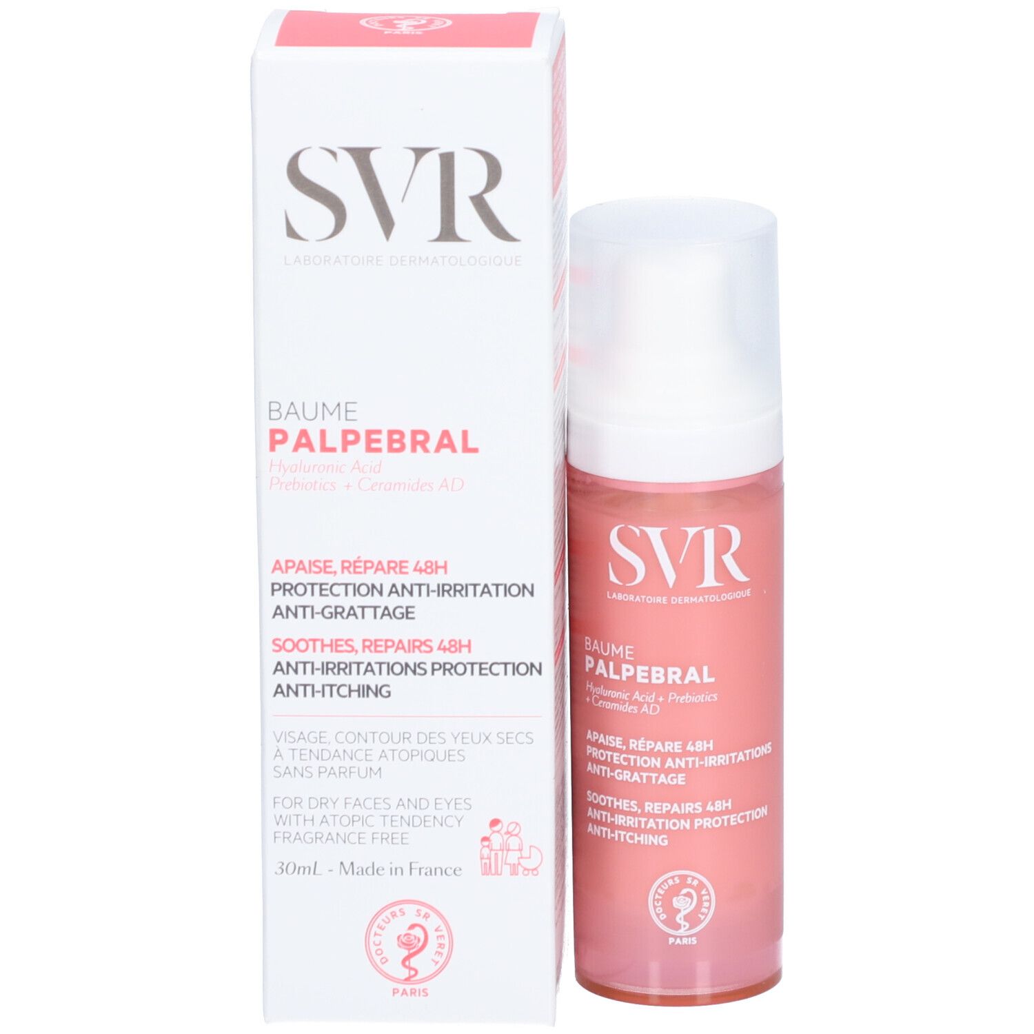 SVR Baume Palpébral fles en verpakking. Roze en wit. Tekst: Verzacht, herstelt, beschermt. Met hyaluronzuur.