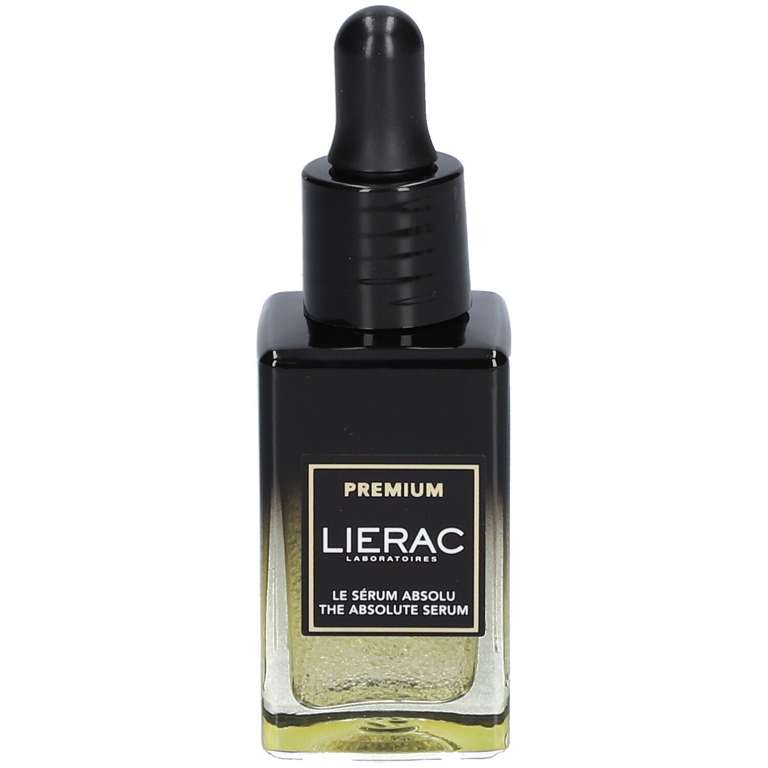 Flacon de sérum avec bouchon et pipette noirs. Inscription : PREMIUM, LIERAC, LE SÉRUM ABSOLU, THE ABSOLUTE SERUM.