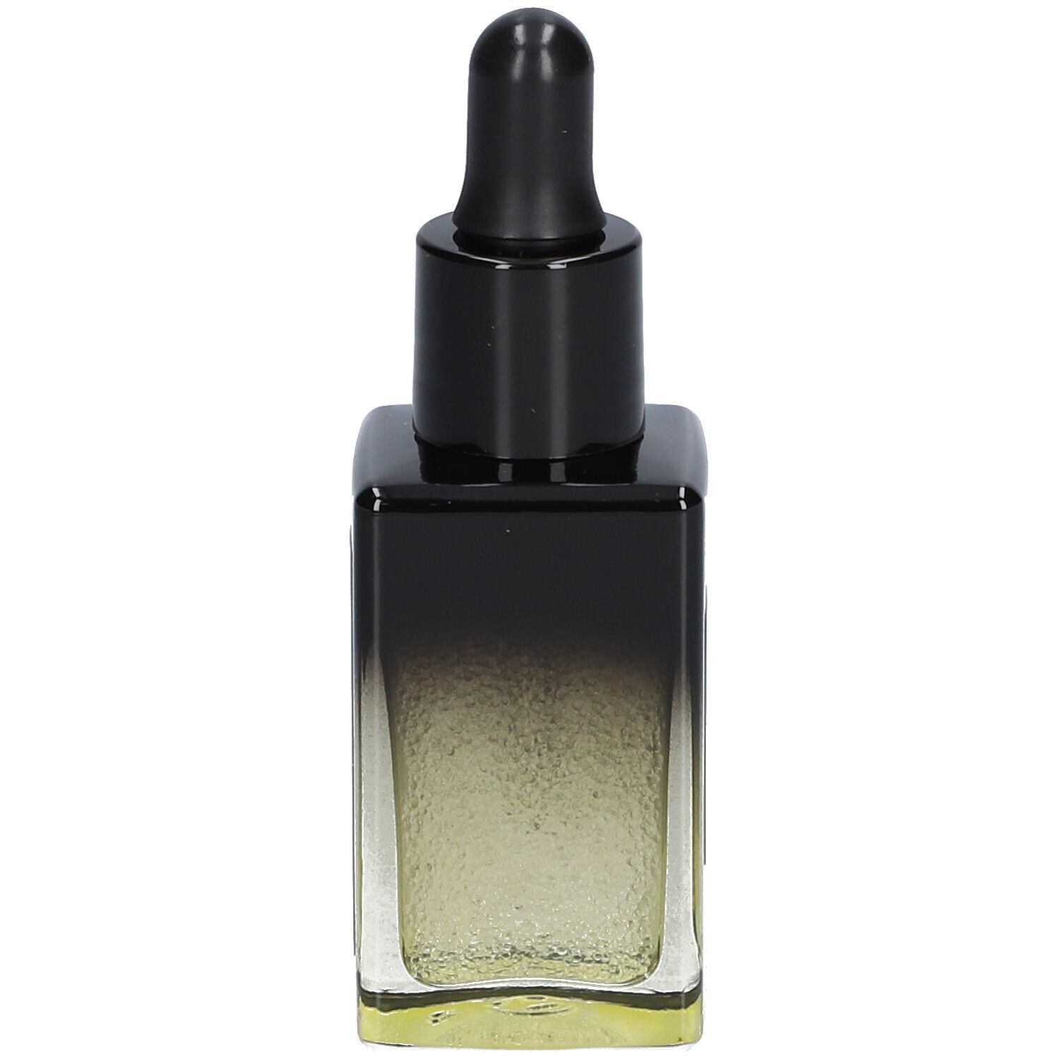 Flacon de sérum en verre avec bouchon et pipette noirs. Dégradé de transparent à jaune.