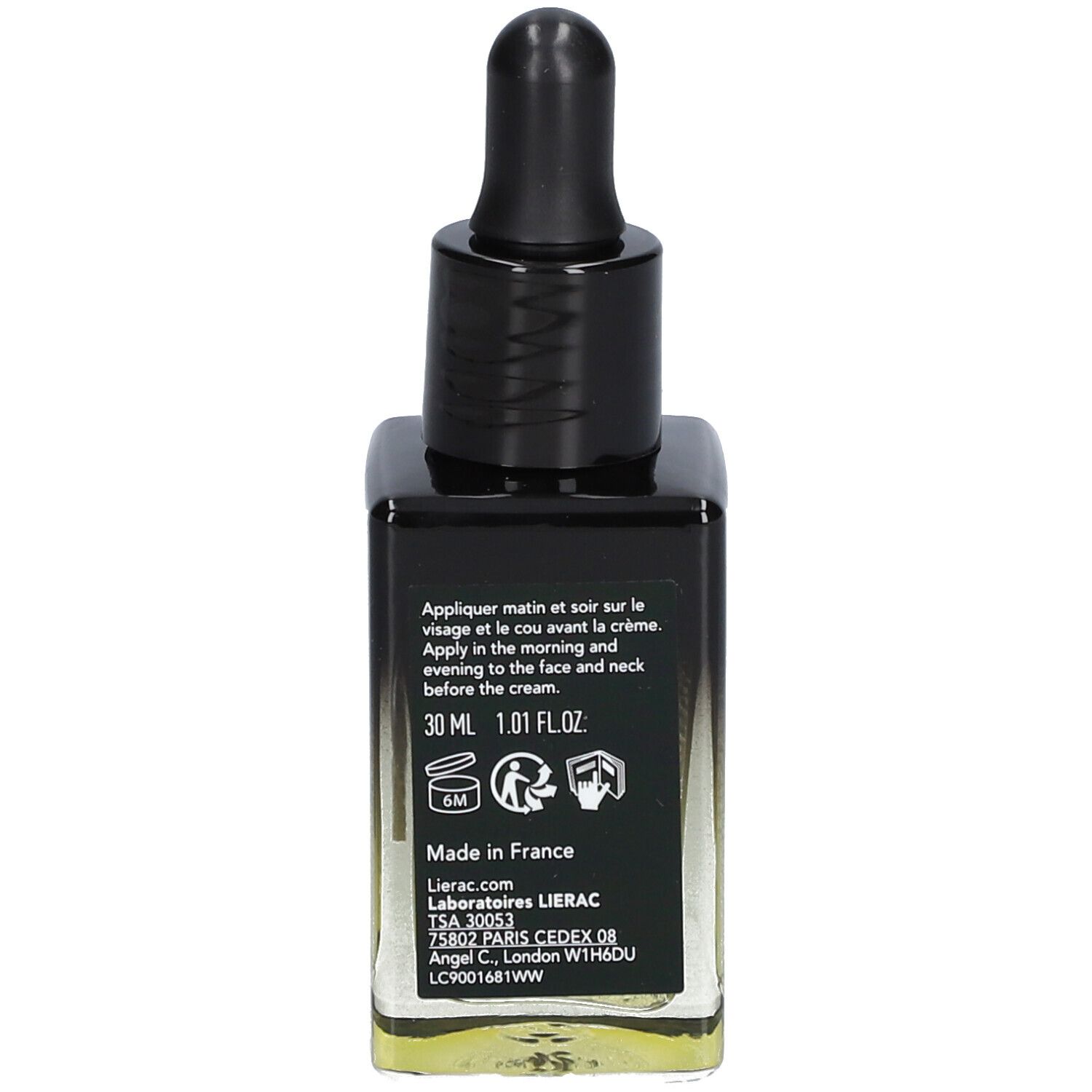 Flacon de sérum avec bouchon et pipette noirs. Inscription : 30 ml, 1.01 FL.OZ. Texte au dos.