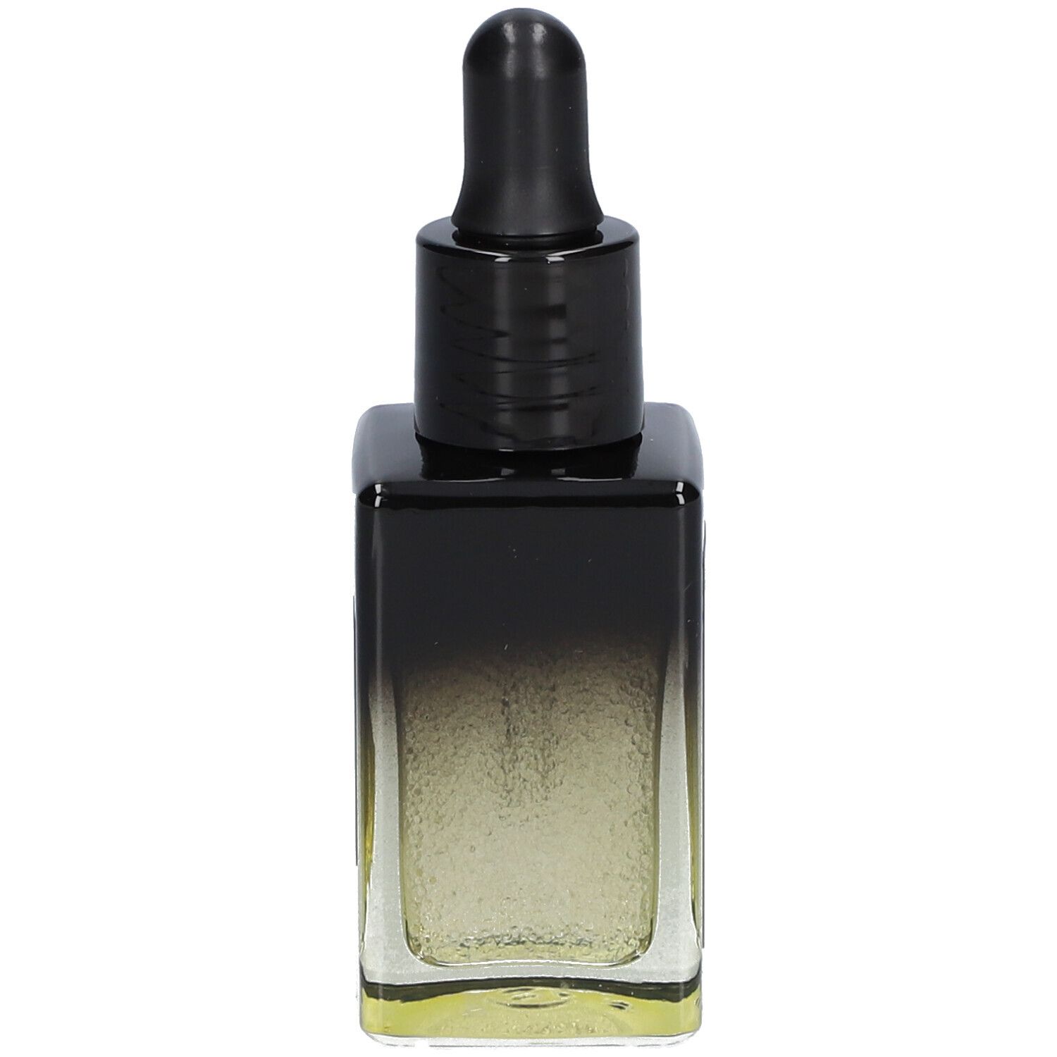 Flacon de sérum en verre avec bouchon et pipette noirs. Dégradé de transparent à jaune.