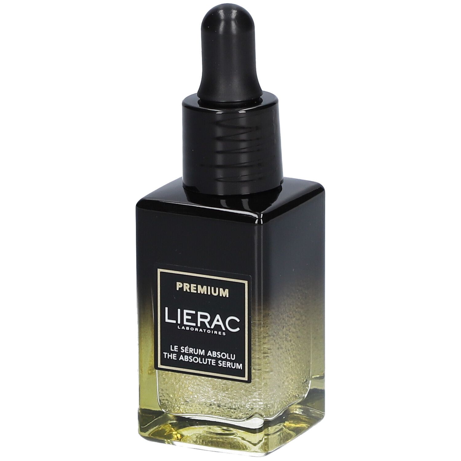 Flacon de sérum avec bouchon et pipette noirs. Inscription : PREMIUM, LIERAC, LE SÉRUM ABSOLU, THE ABSOLUTE SERUM.